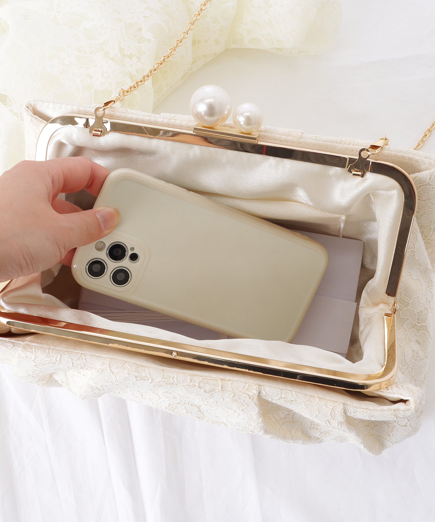 総レース パール がま口 クラッチ バッグ