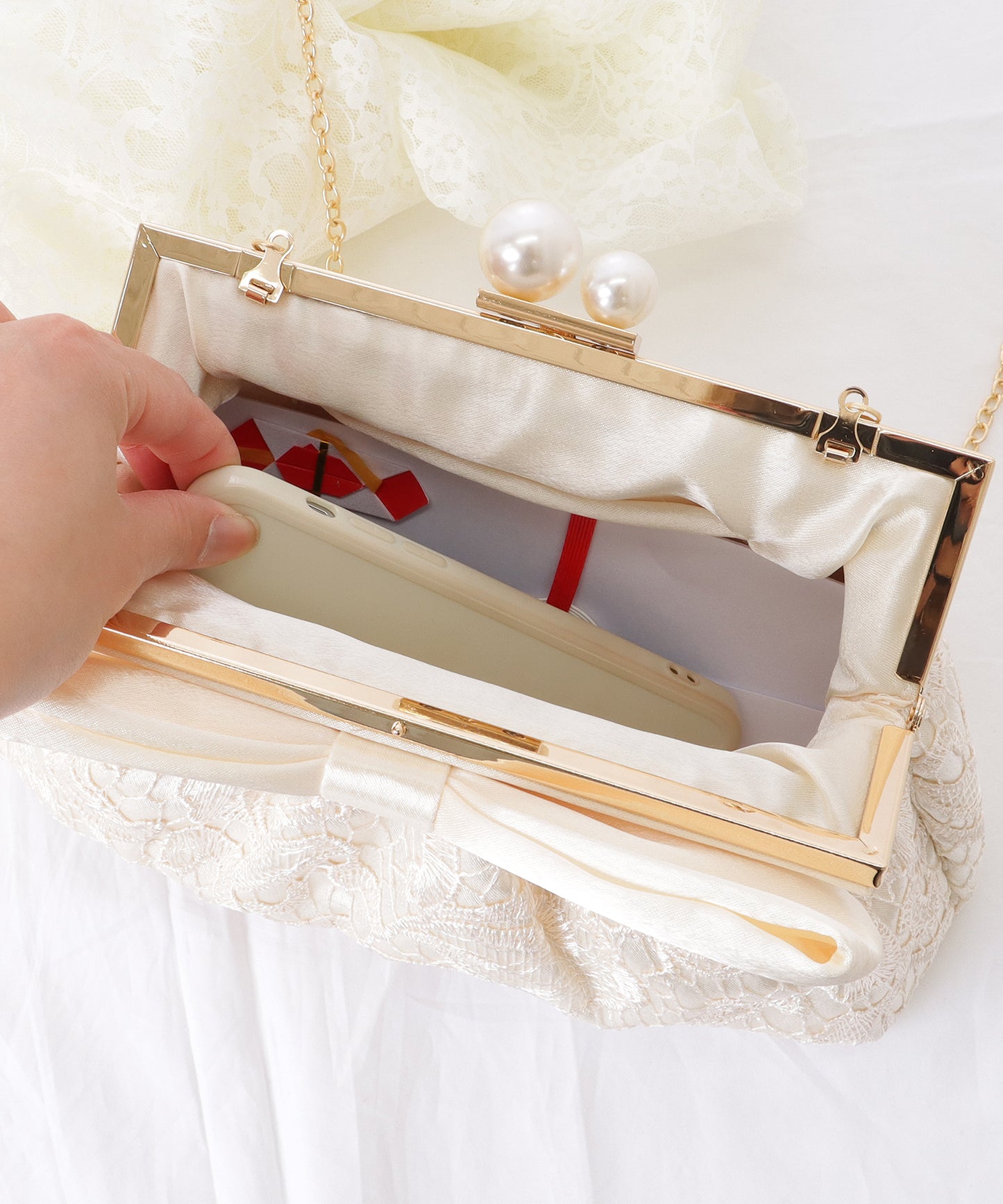 ビッグリボン レース×パール がま口 クラッチ バッグ