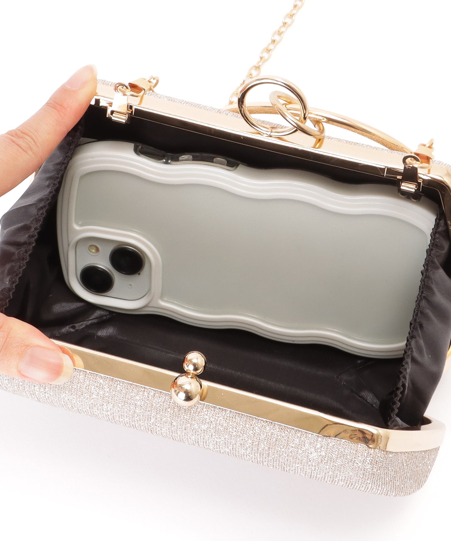 メタリック リング コンパクト がま口 ハンドバッグ