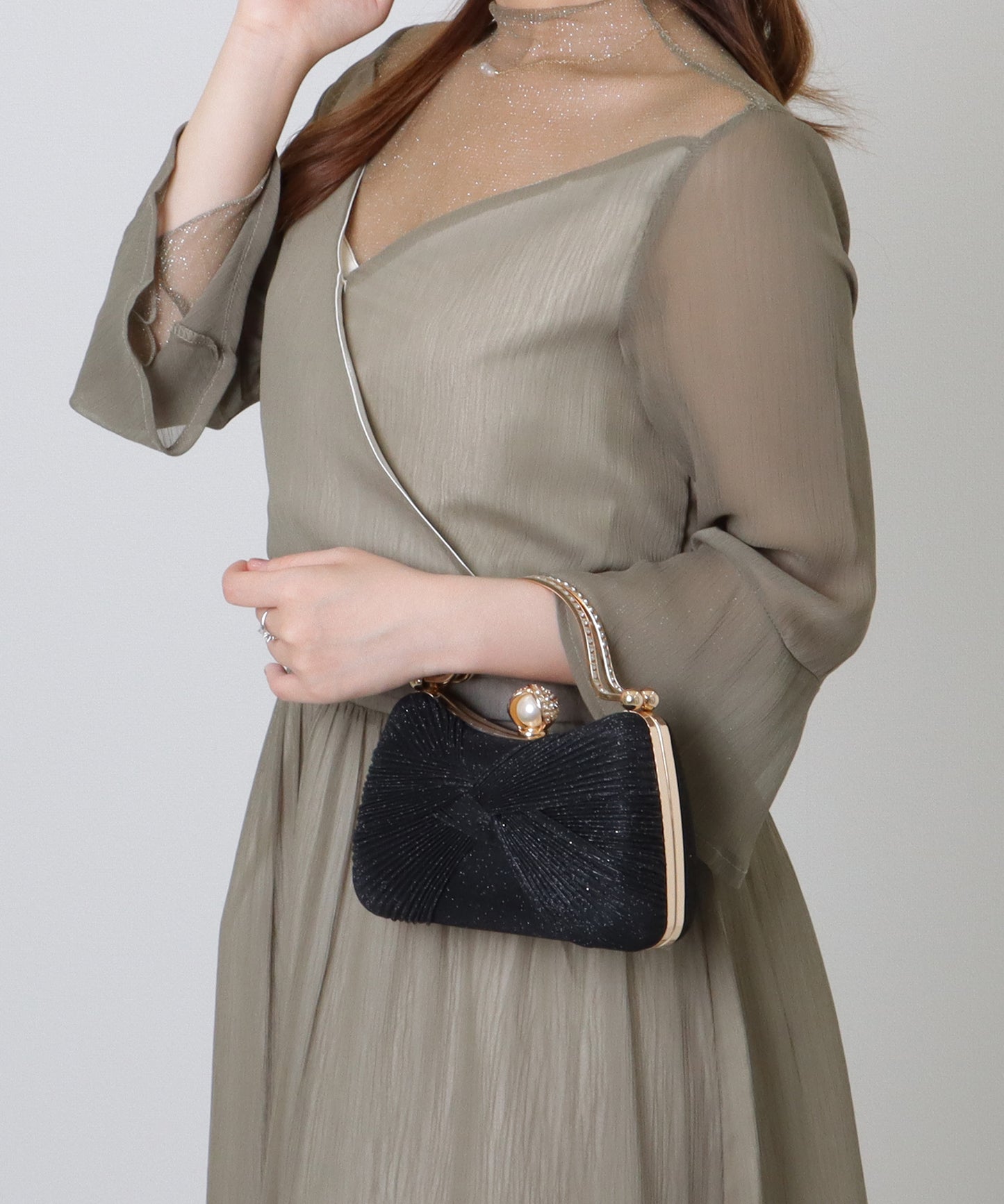 ツイスト ギャザー ビジュー がま口 2WAY ショルダーバッグ