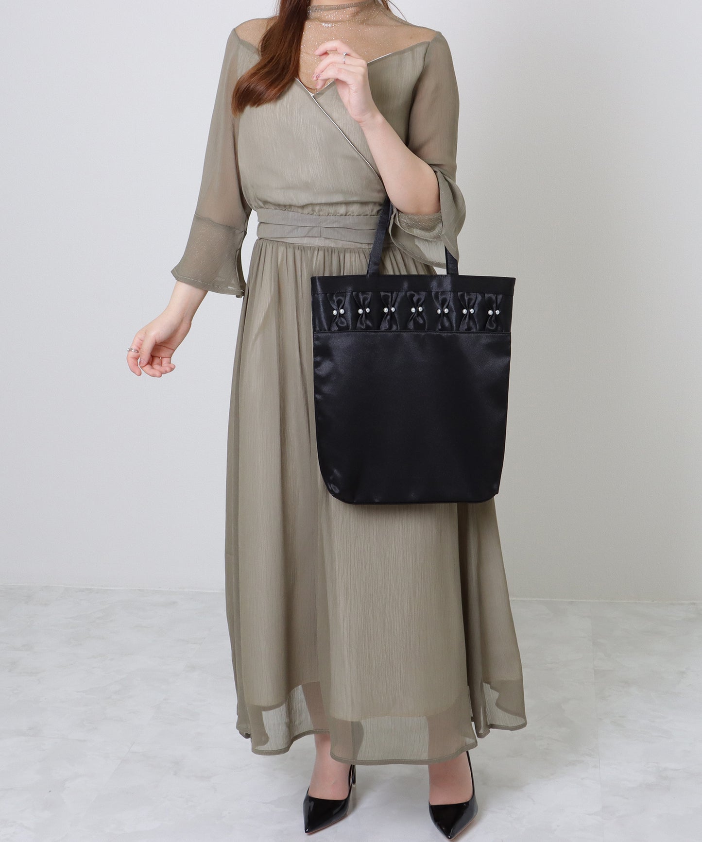 パール リボン スクエア スナップ付き トートバッグ