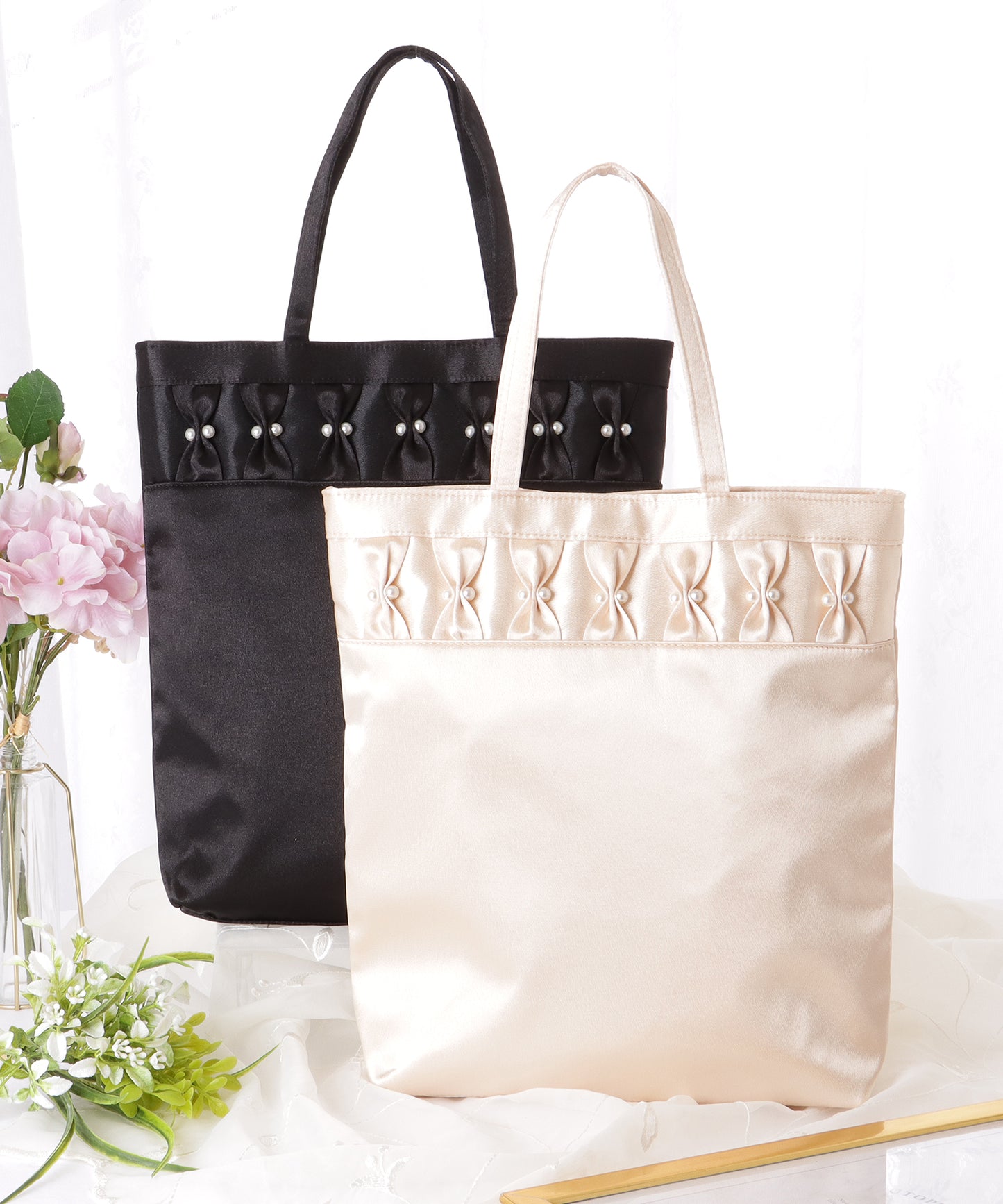 パール リボン スクエア スナップ付き トートバッグ