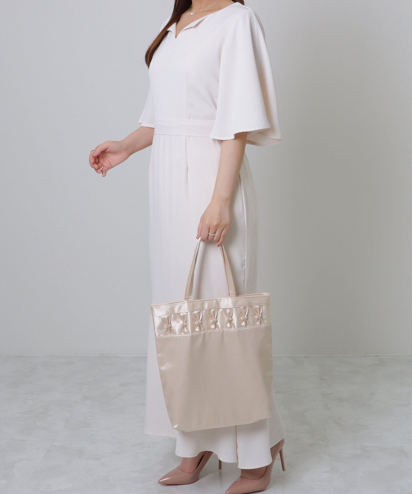 パール リボン スクエア スナップ付き トートバッグ