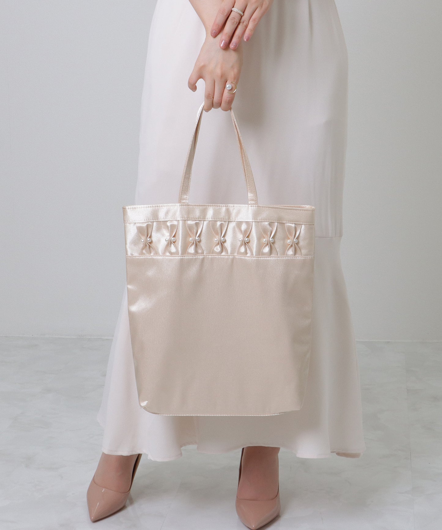 パール リボン スクエア スナップ付き トートバッグ