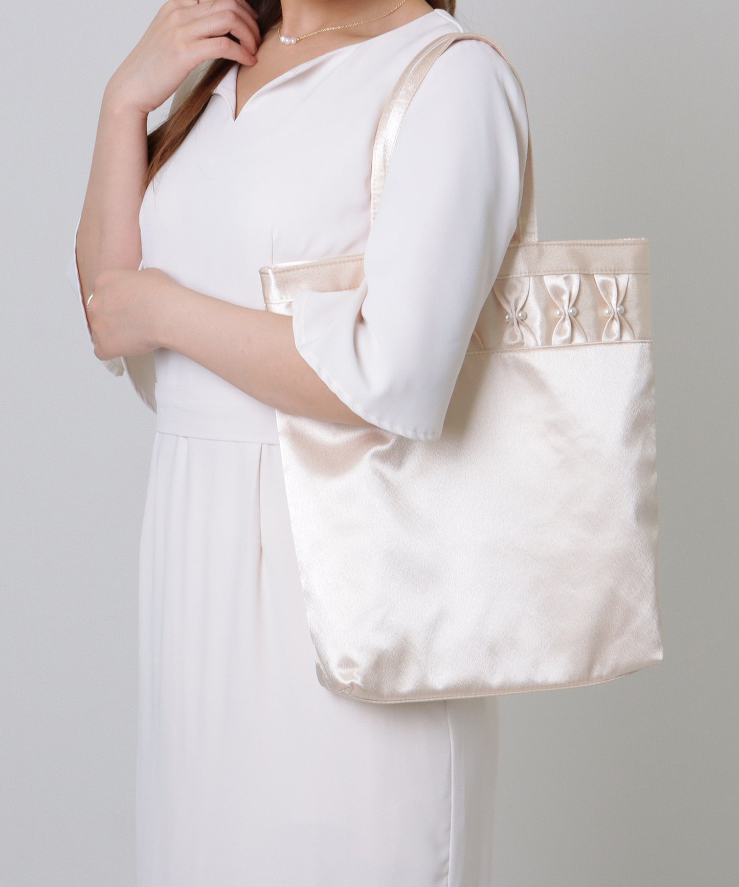 パール リボン スクエア スナップ付き トートバッグ