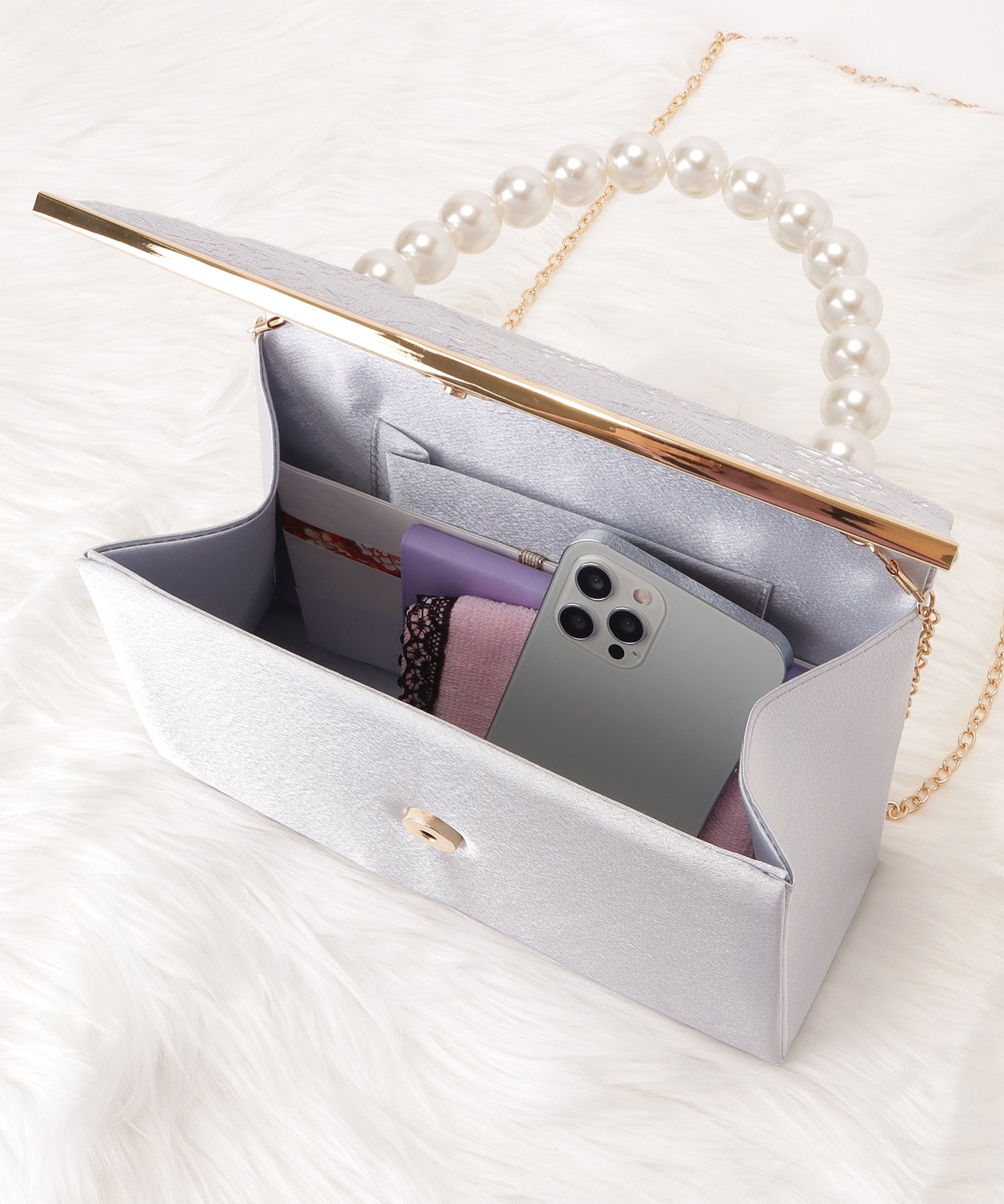 パールハンドルフラップレースハンドバッグ