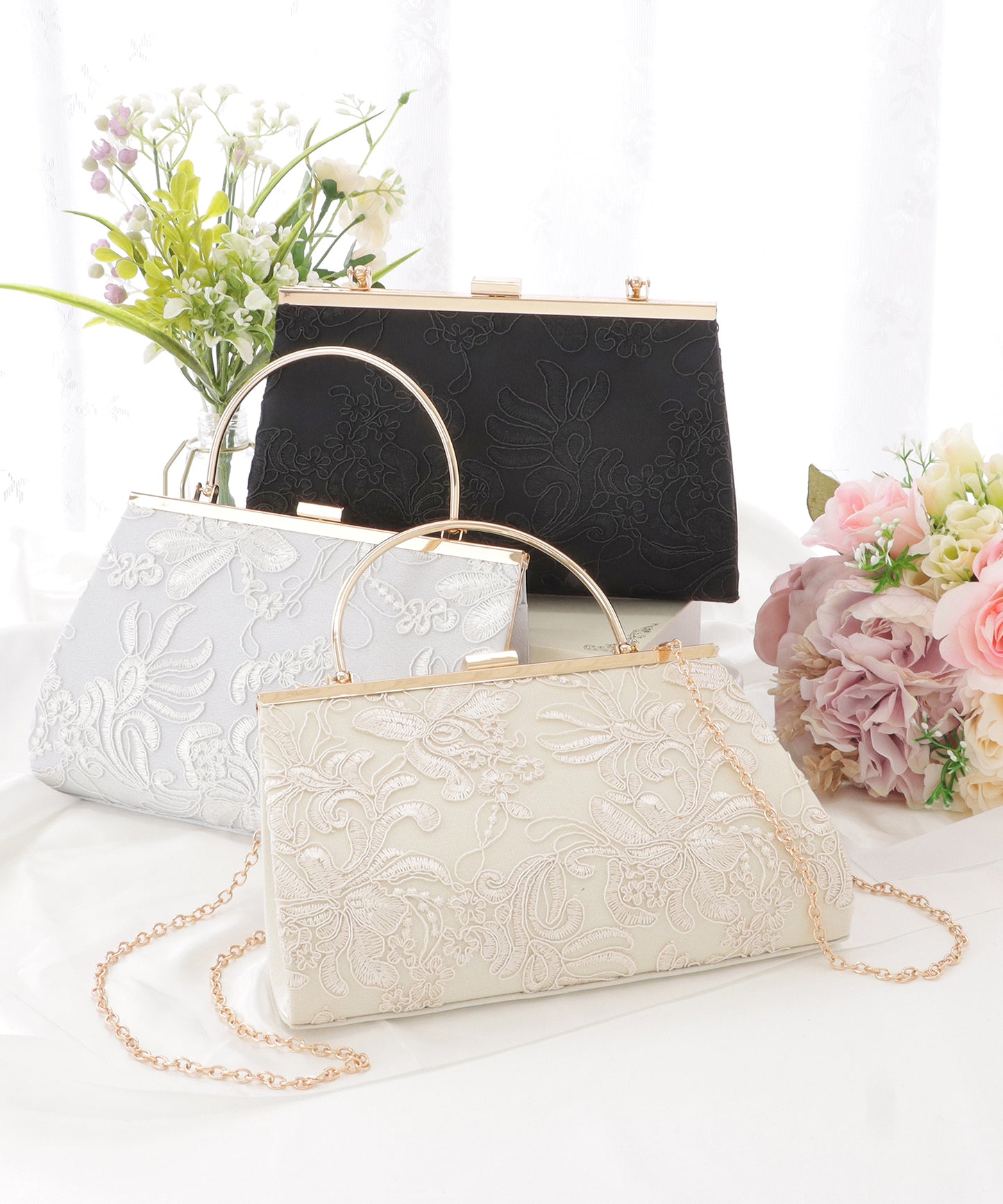 フラワー刺繍メタリックハンドバッグ