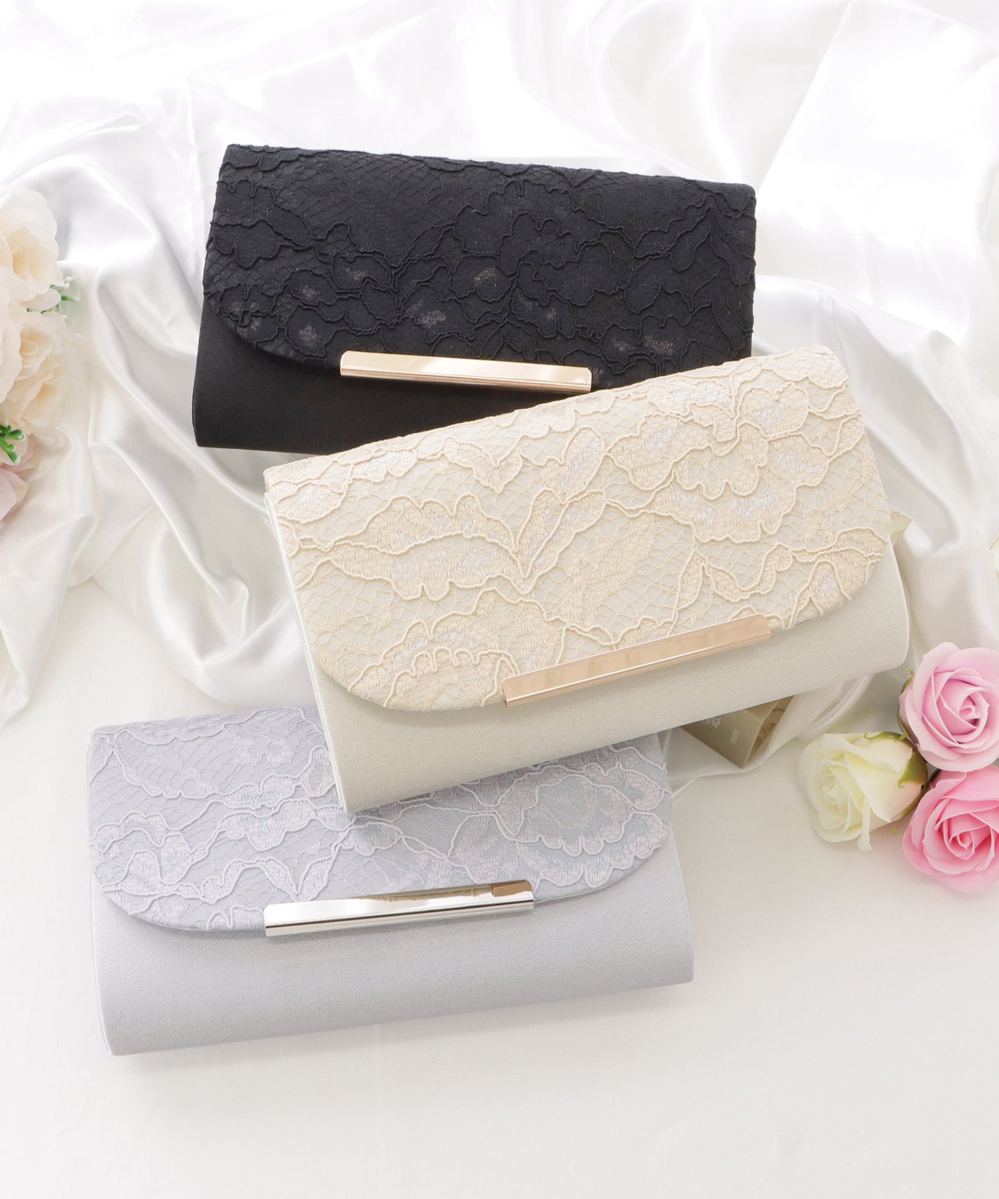 プレート付きフラワーレースクラッチバッグ