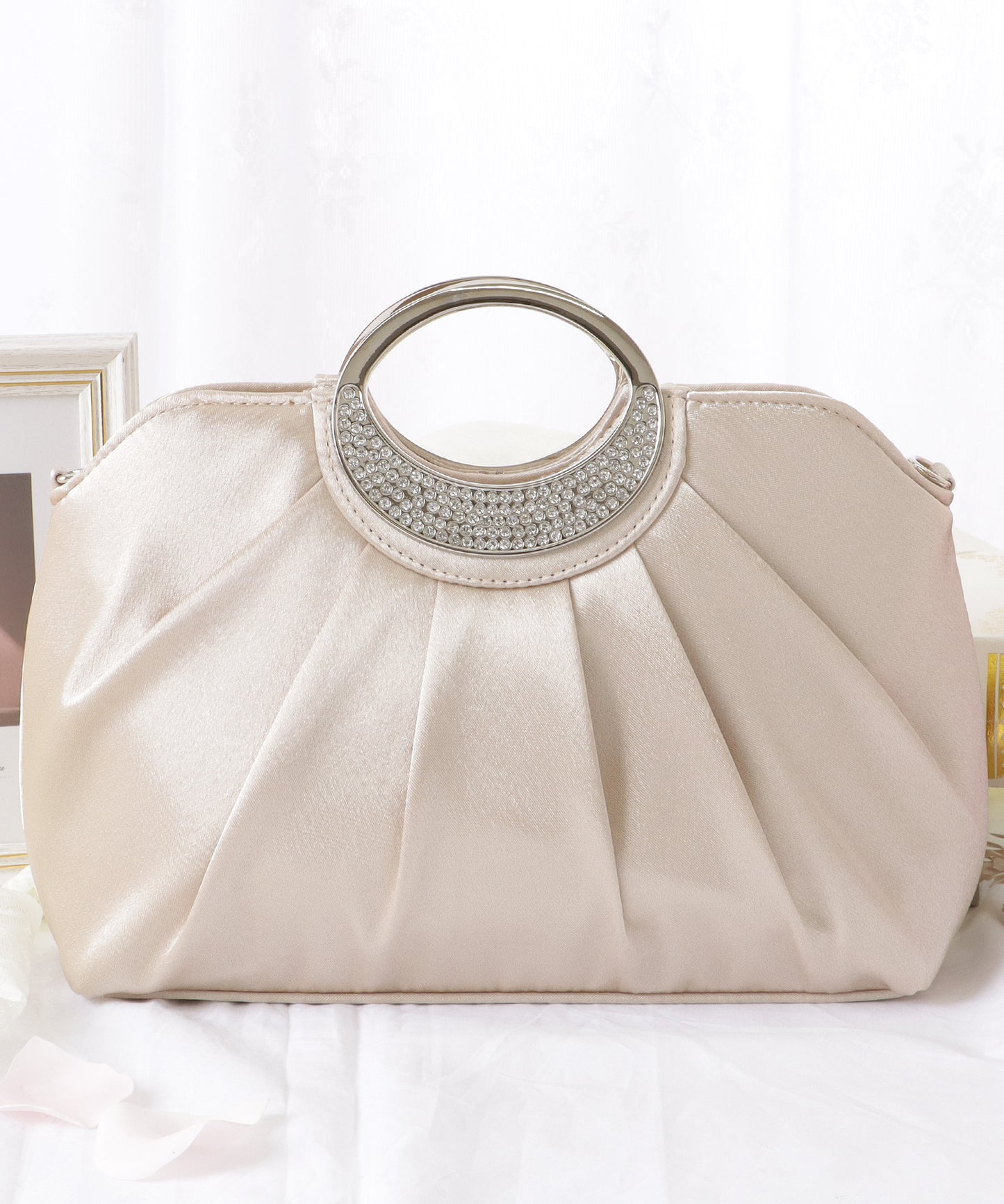 ビジュー付き メタリック ハンドル ハンド バッグ