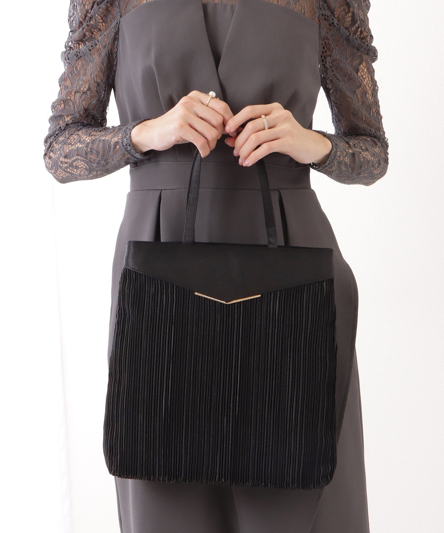 サテン プリーツ 薄型 トート バッグ