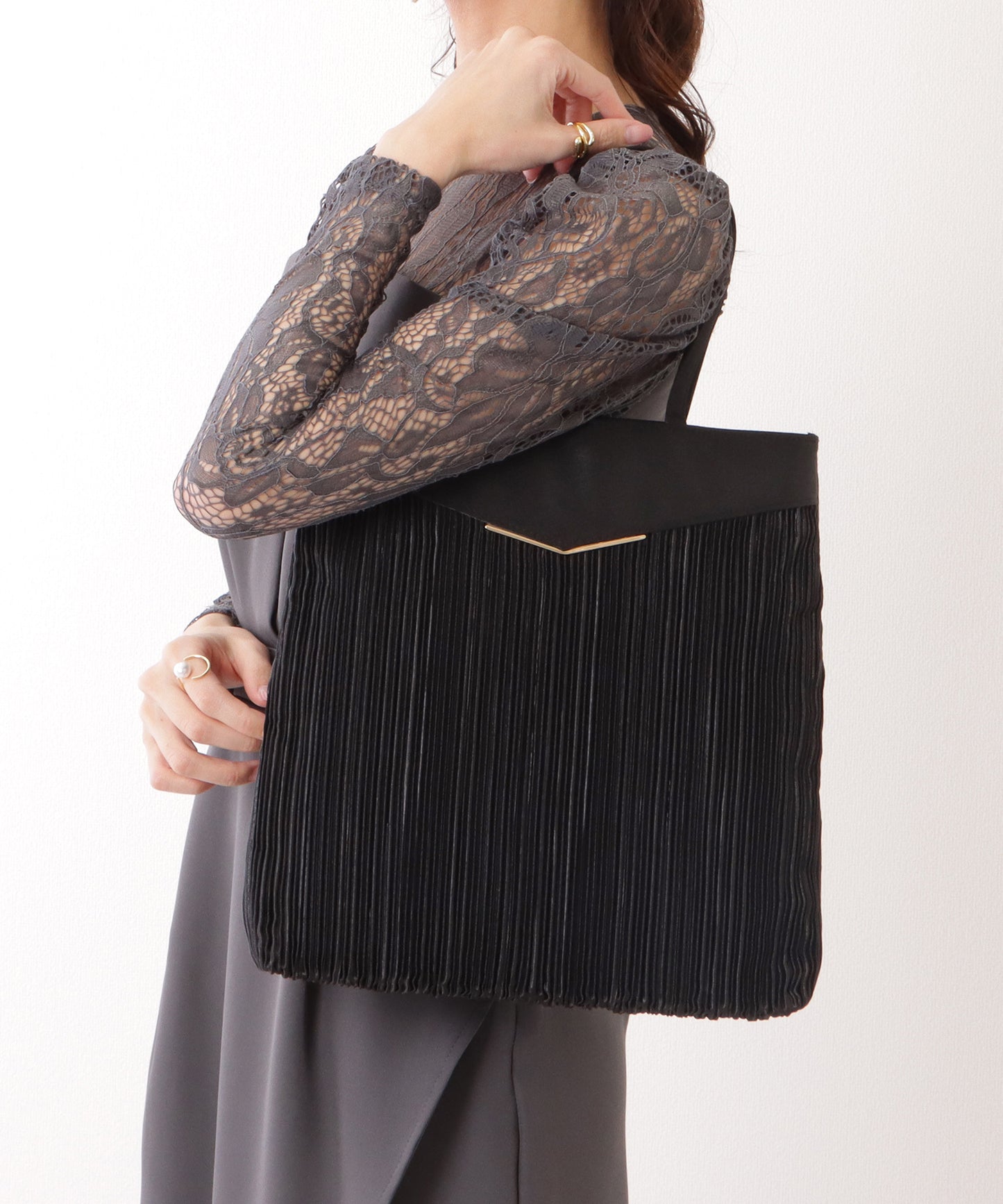 サテン プリーツ 薄型 トート バッグ