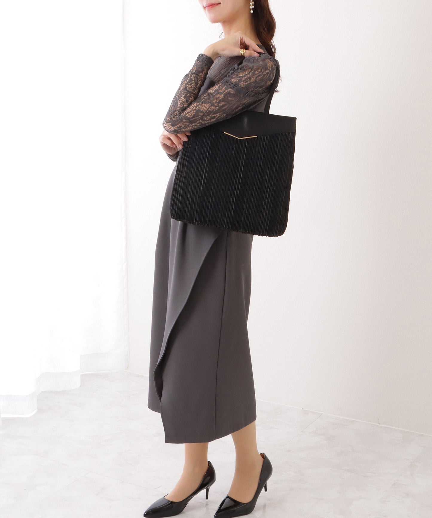 サテン プリーツ 薄型 トート バッグ