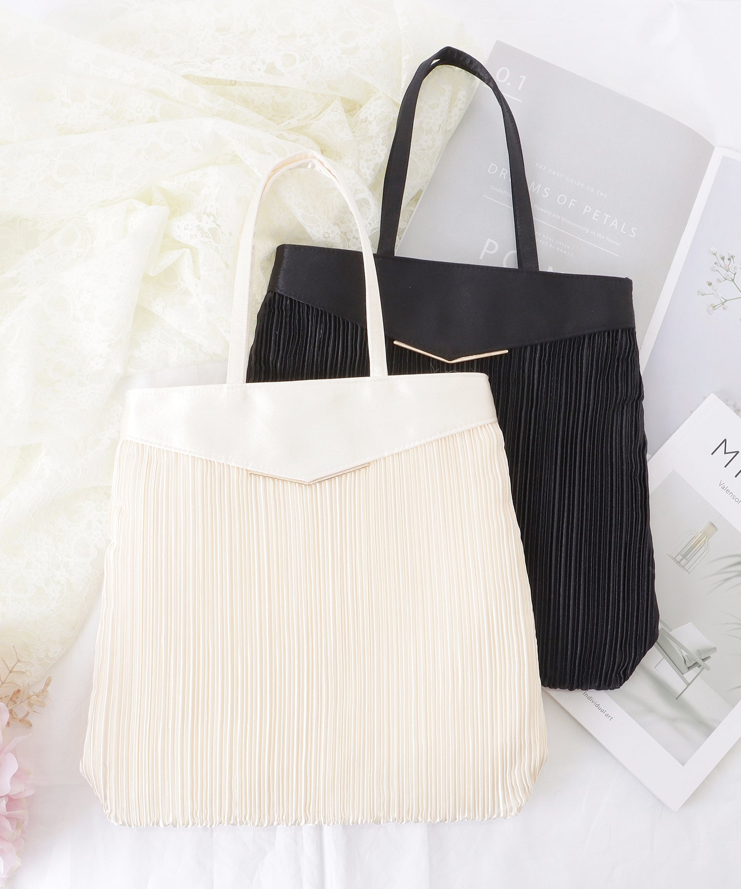 サテン プリーツ 薄型 トート バッグ