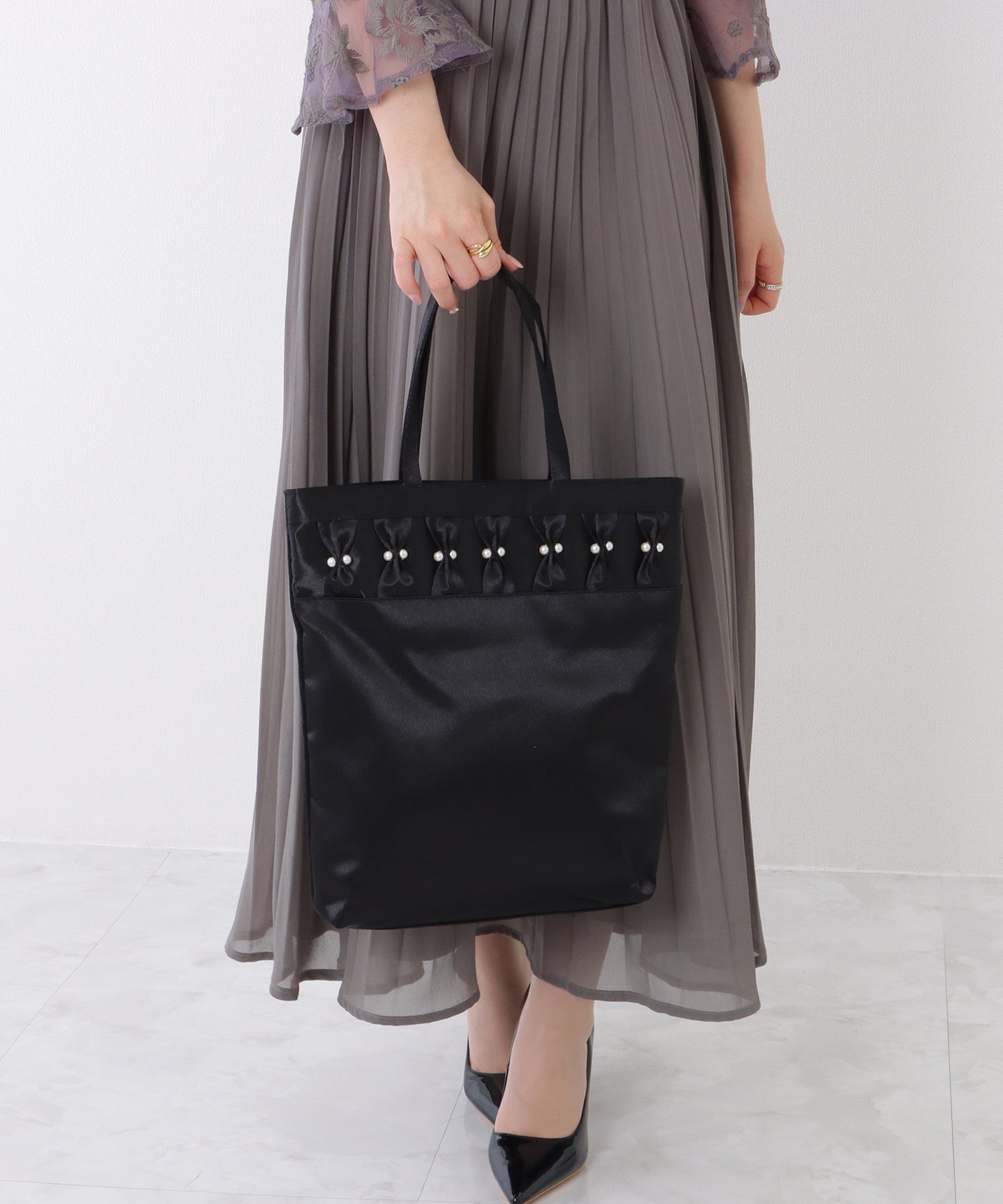 パール リボン 薄型 パーティー トート バッグ