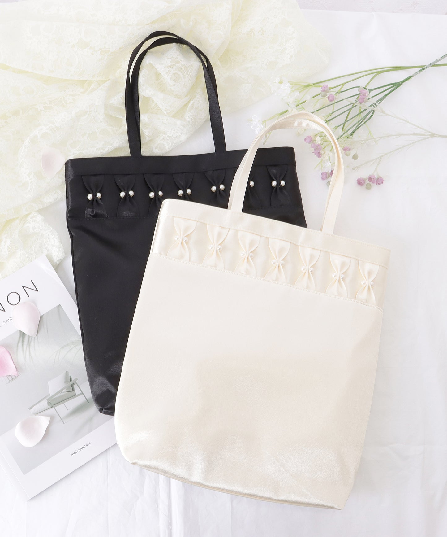 パール リボン 薄型 パーティー トート バッグ