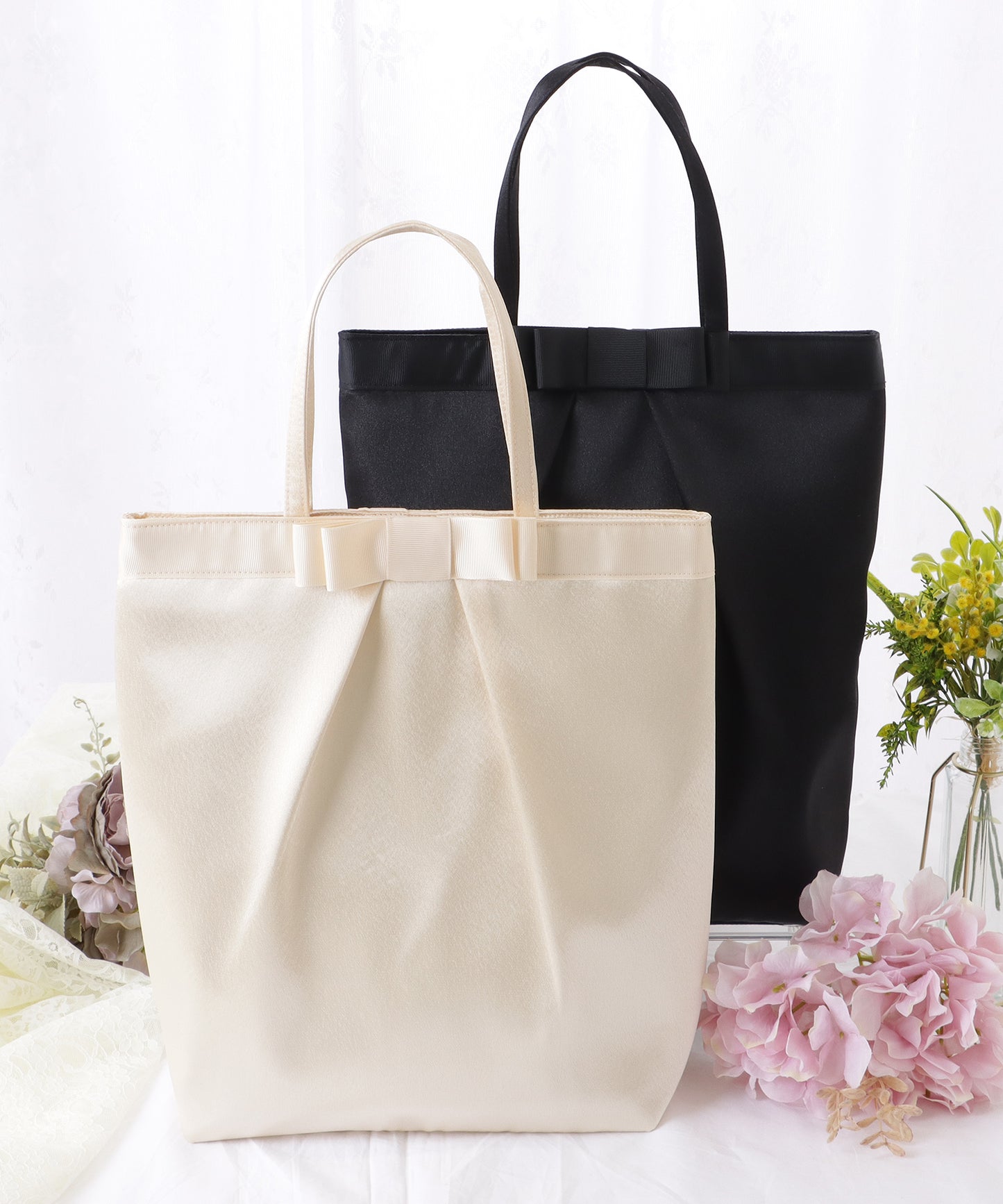 リボン付き サテン タック トート バッグ