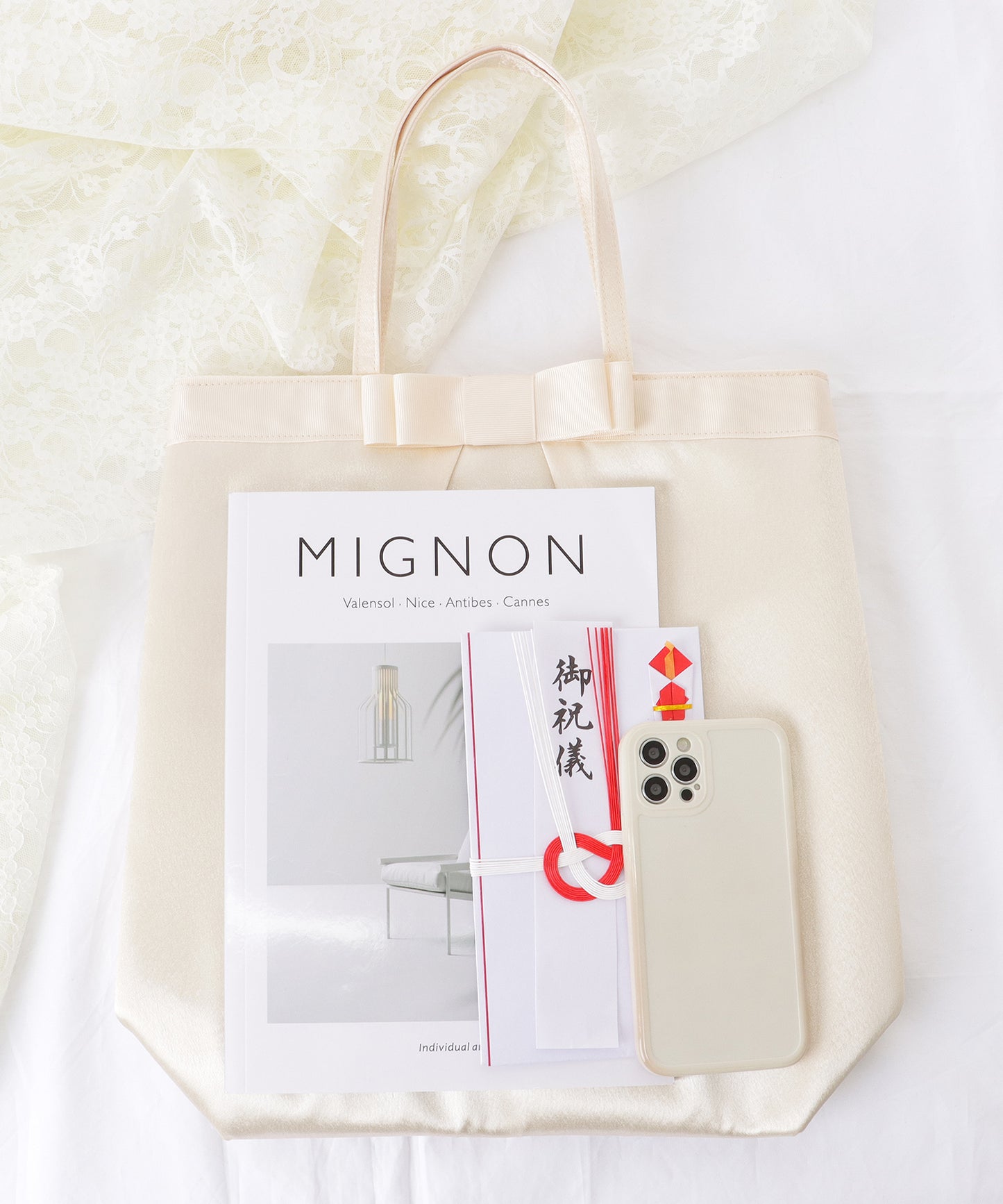 リボン付き サテン タック トート バッグ