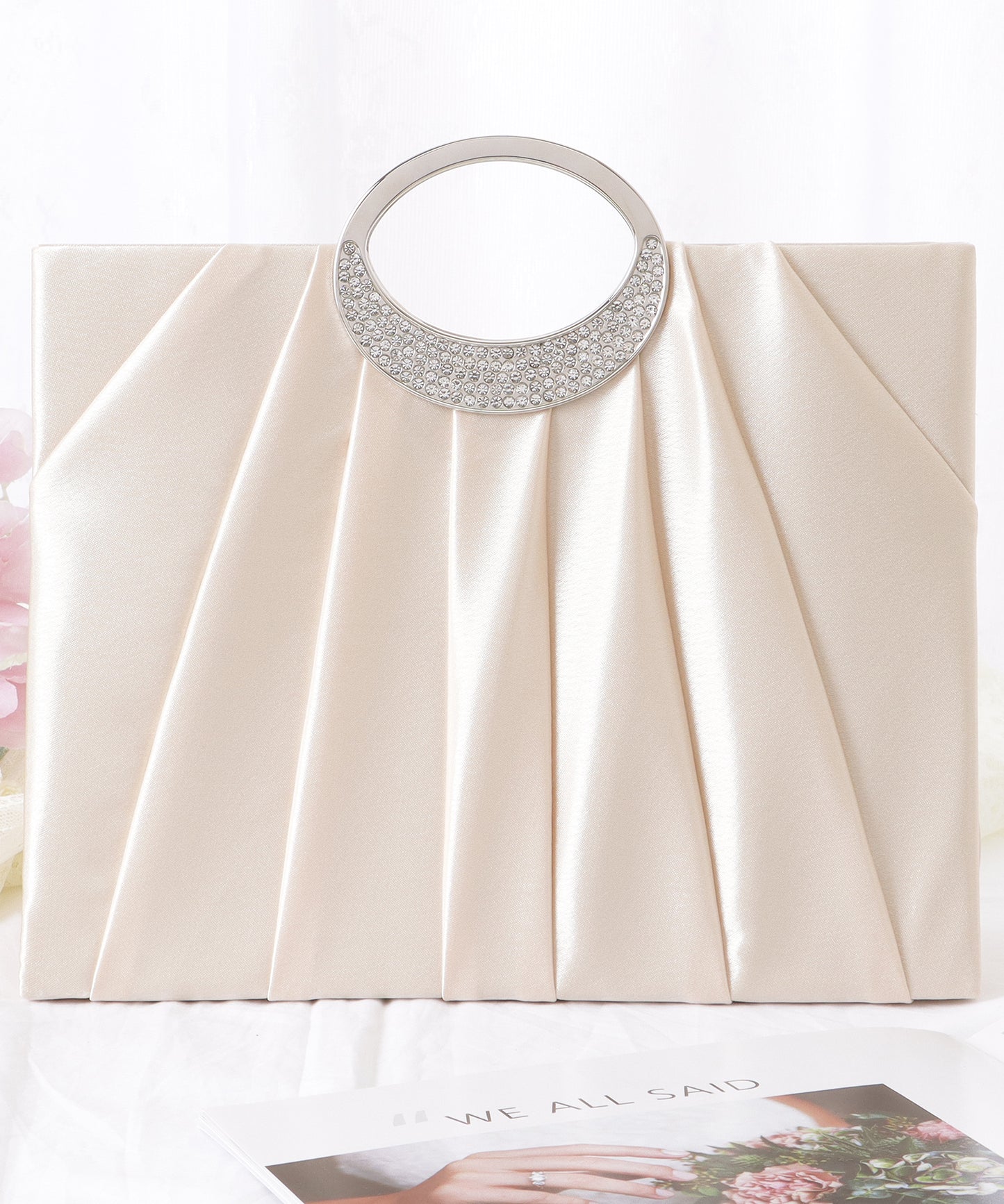 メタル ハンドル ビジュー付き スクエア ハンド バッグ