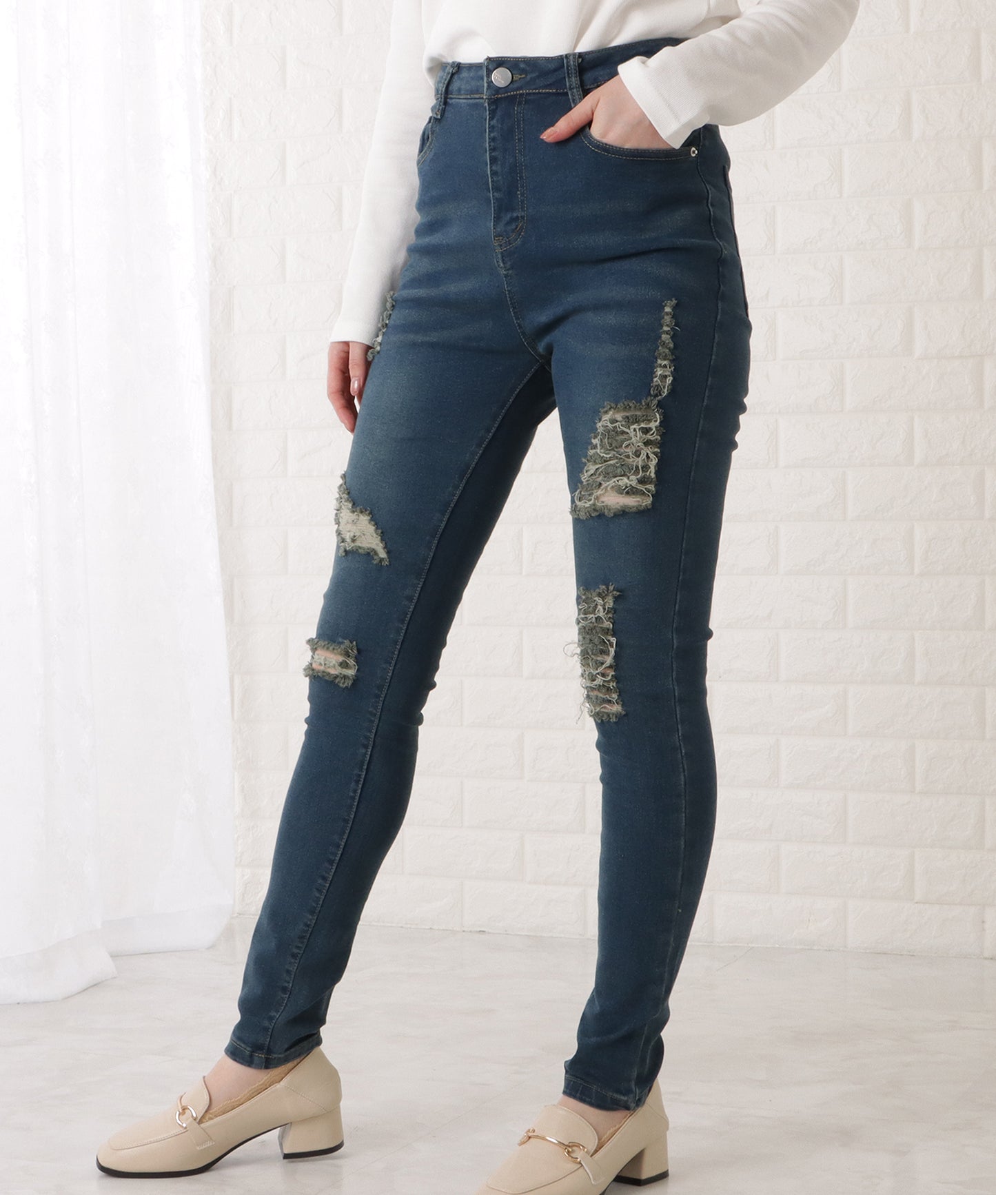 ハイウエストストレッチダメージデニムパンツ
