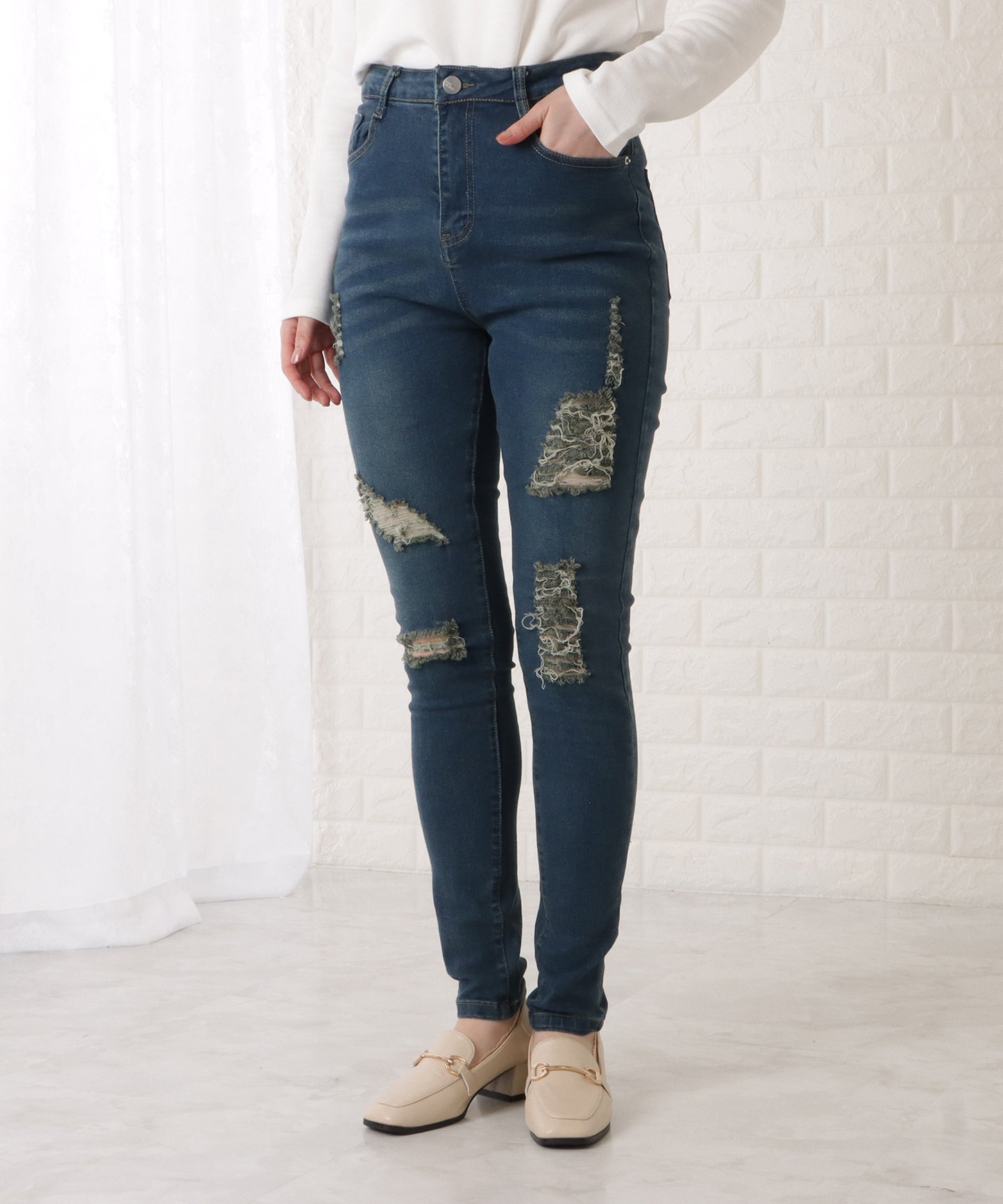 ハイウエストストレッチダメージデニムパンツ