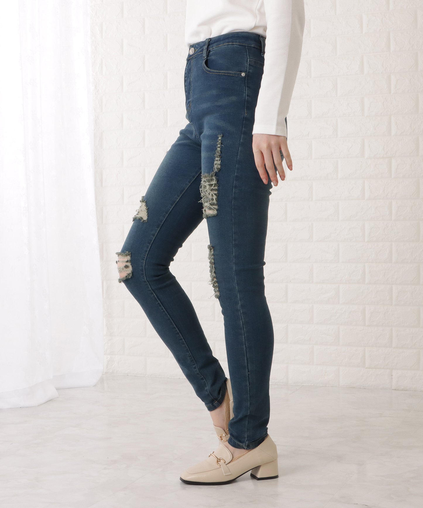 ハイウエストストレッチダメージデニムパンツ