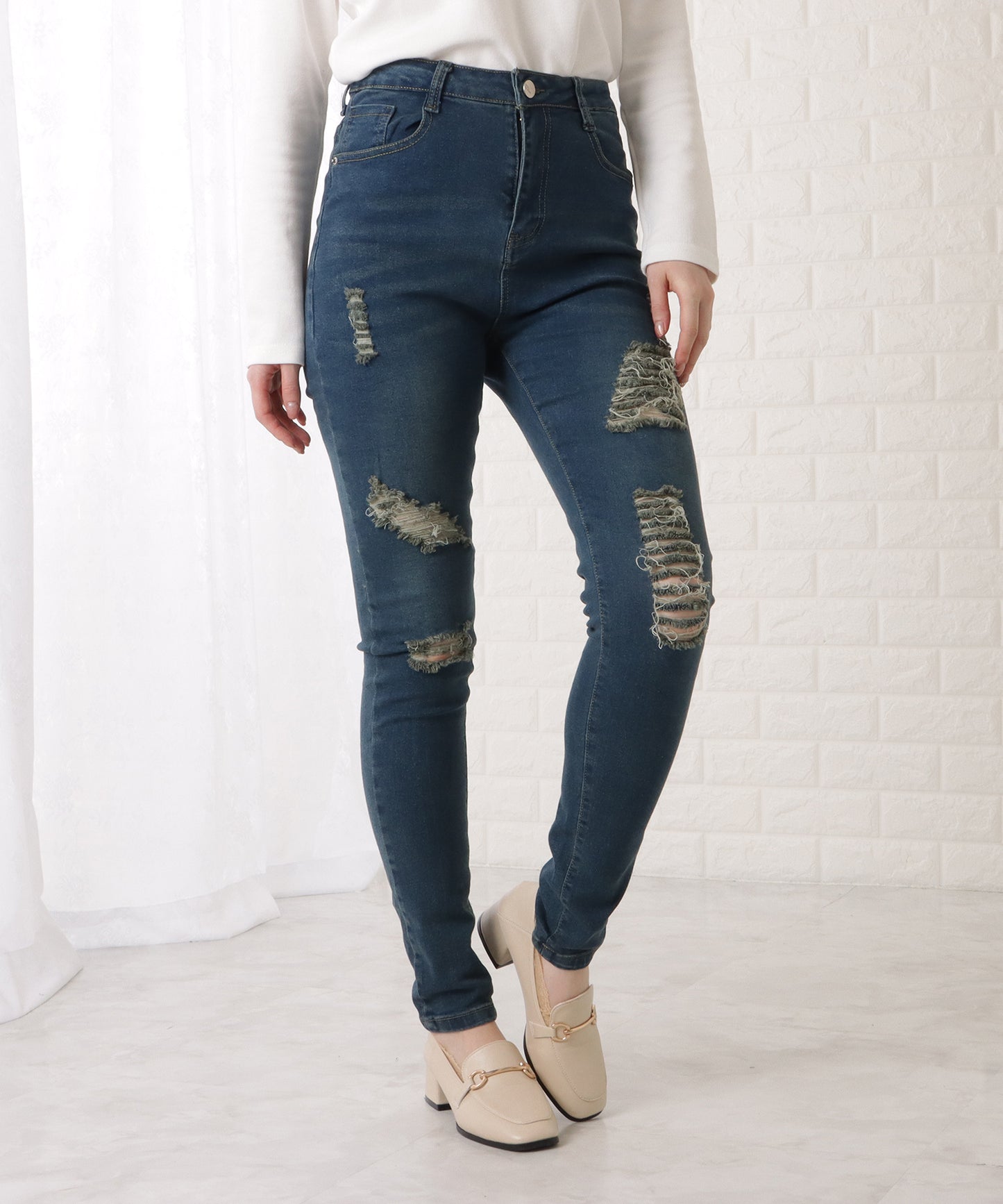 ハイウエストストレッチダメージデニムパンツ