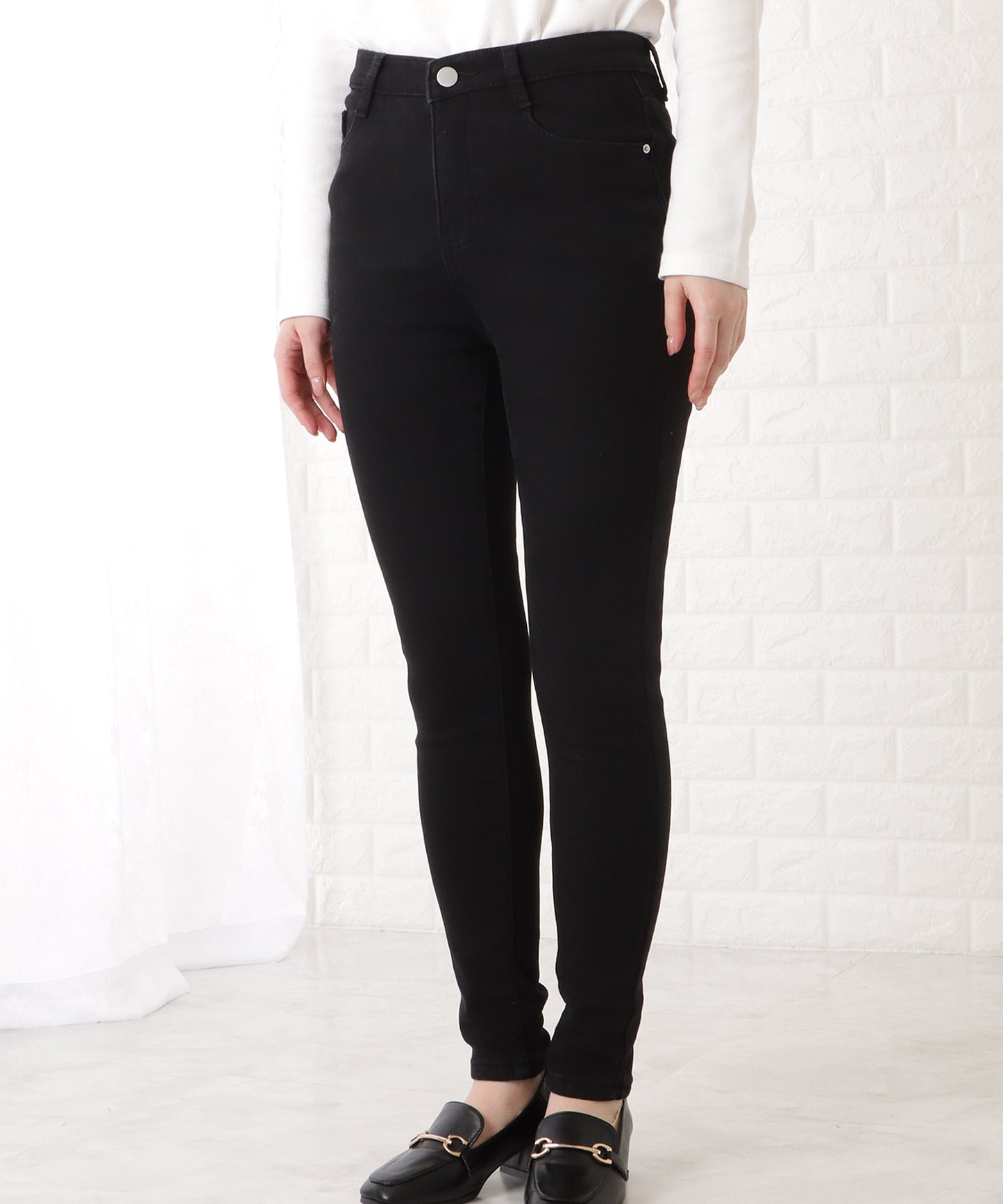 裏起毛ハイウエストストレッチスキニーデニムパンツ
