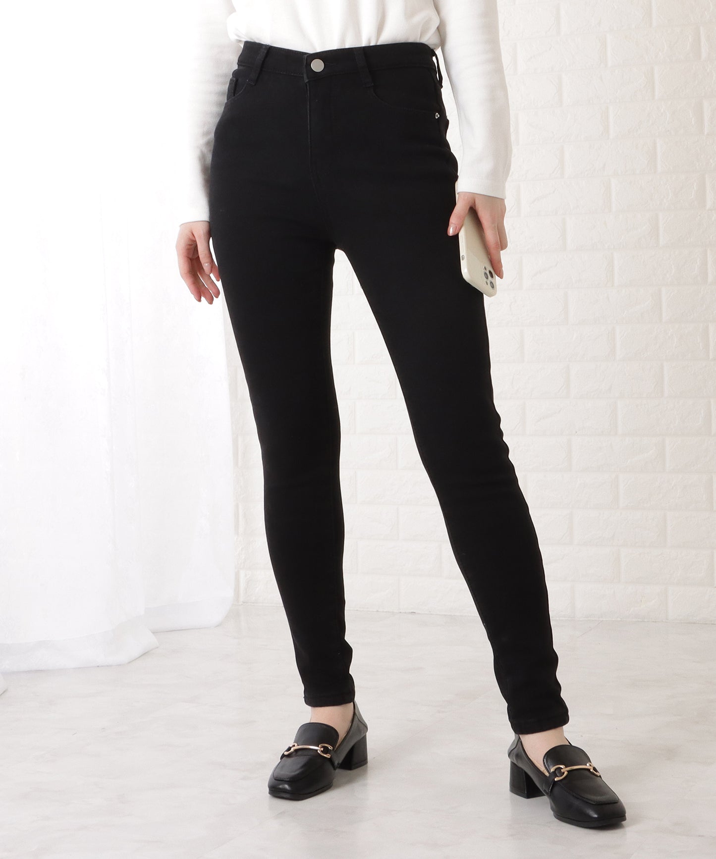 裏起毛ハイウエストストレッチスキニーデニムパンツ