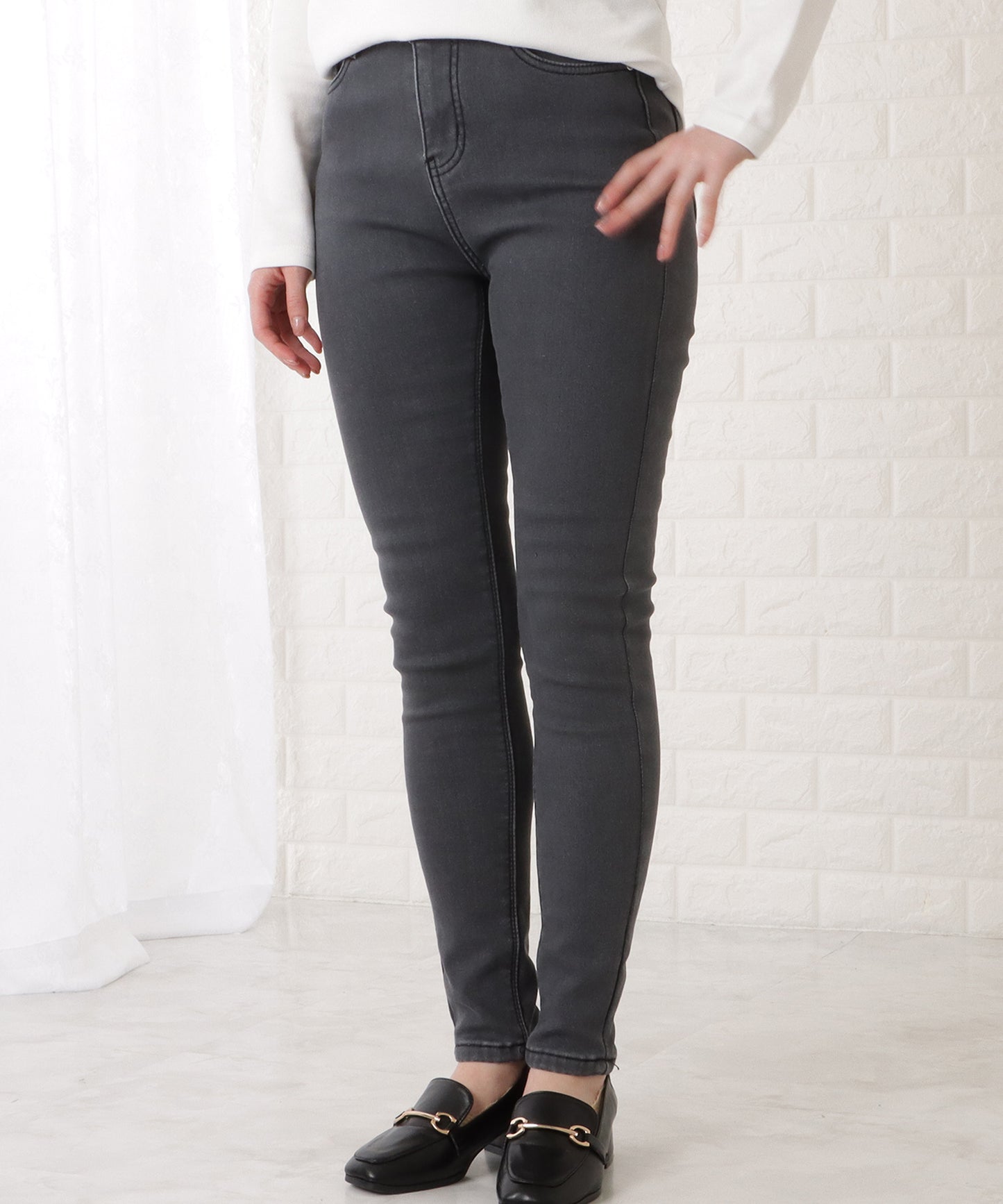 裏起毛ハイウエストストレッチスキニーデニムパンツ