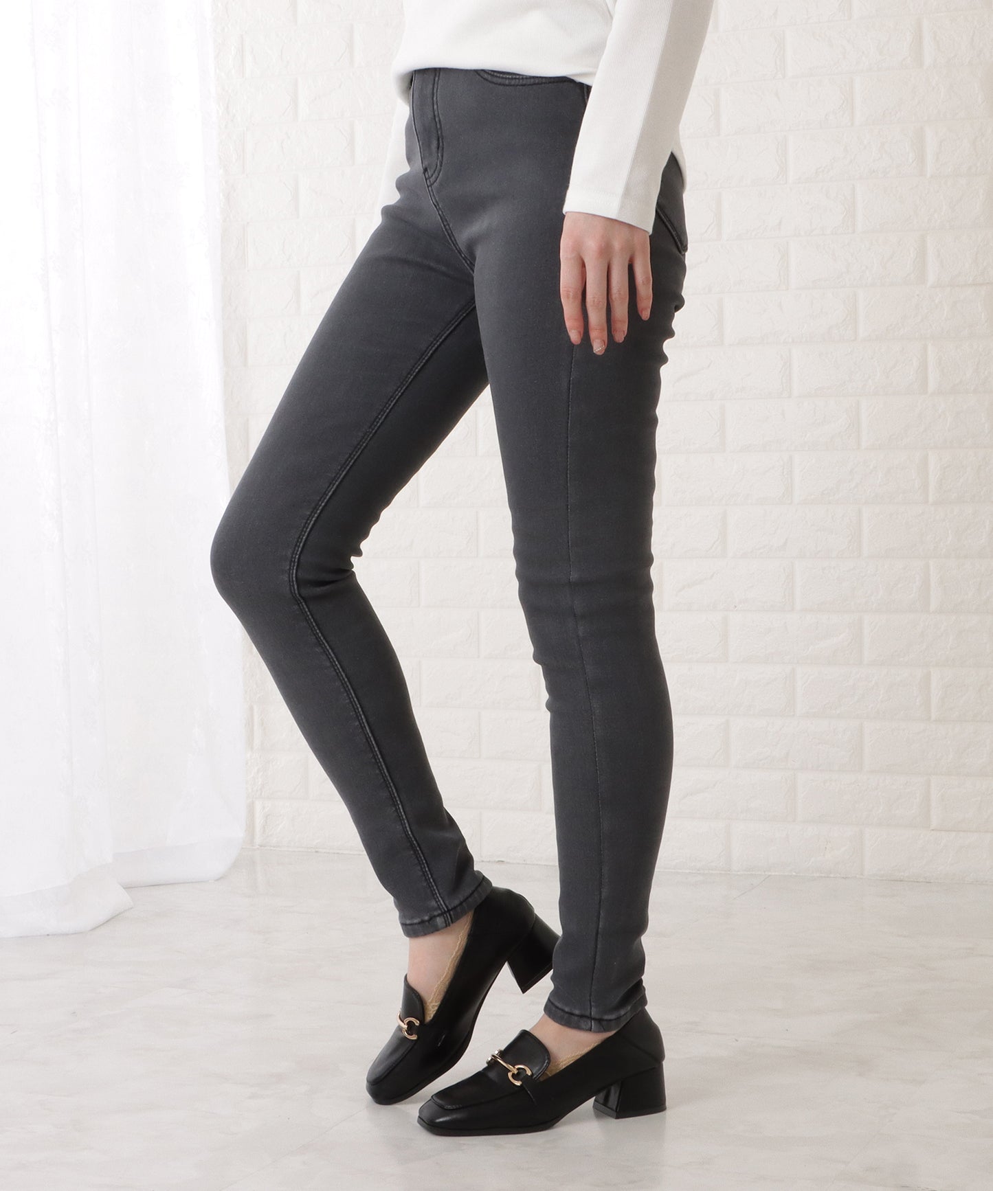 裏起毛ハイウエストストレッチスキニーデニムパンツ