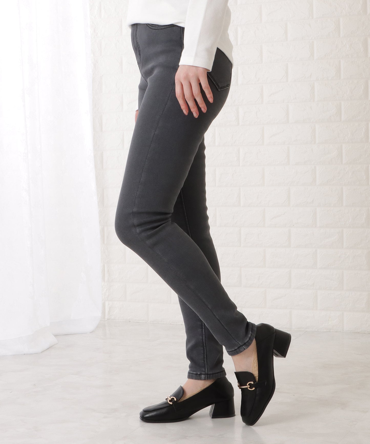 裏起毛ハイウエストストレッチスキニーデニムパンツ