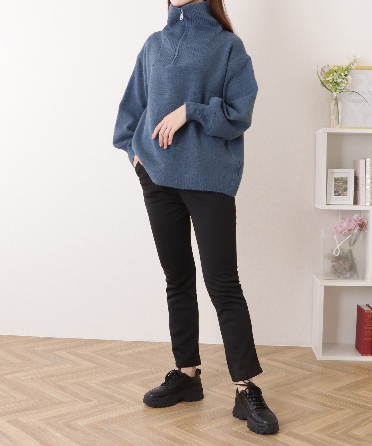 裏起毛ハイウエストストレッチストレートパンツ