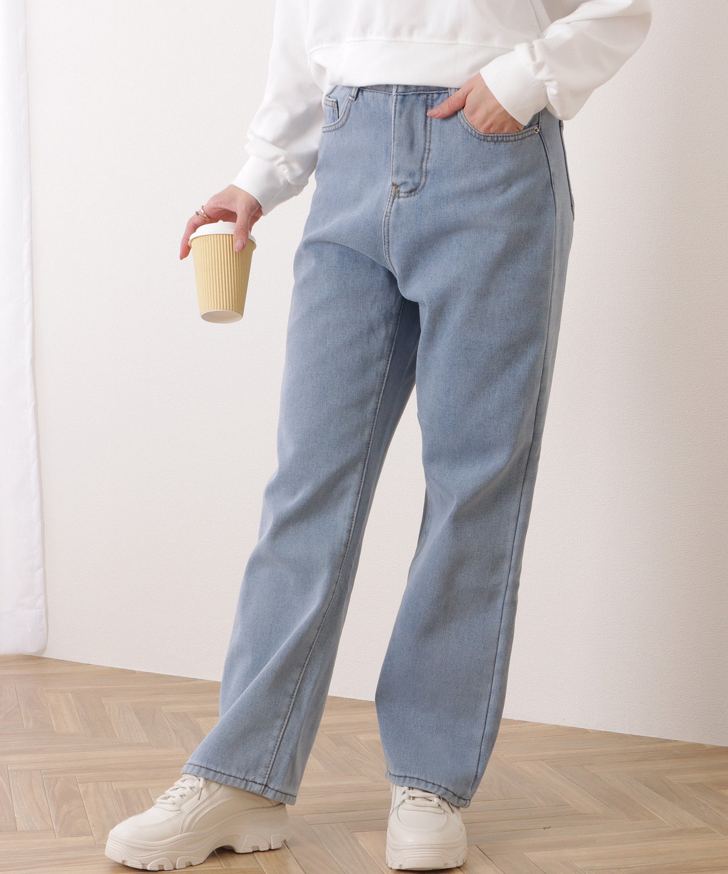 裏シャギーハイウエストボリュームデニムパンツ