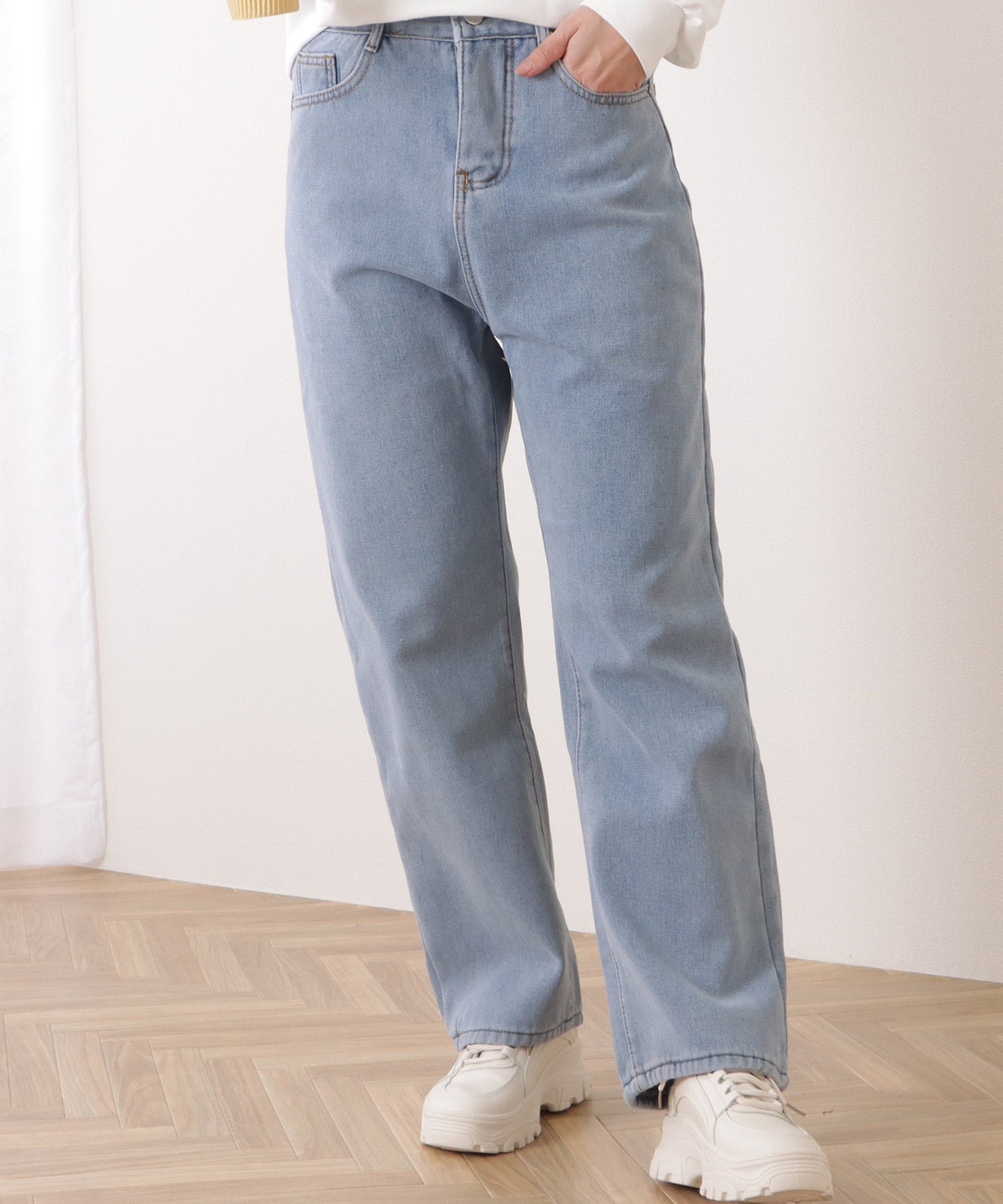 裏シャギーハイウエストボリュームデニムパンツ