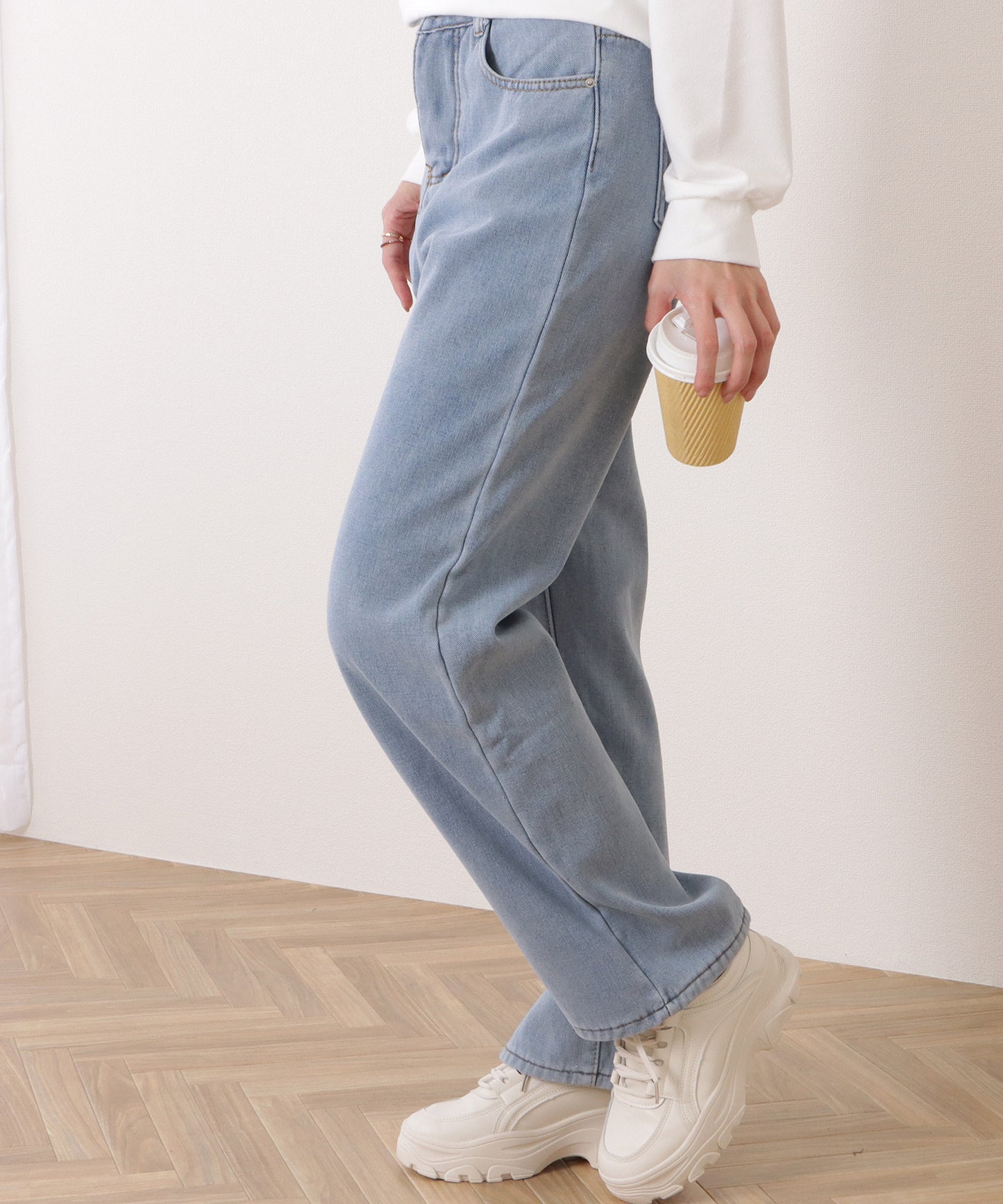 裏シャギーハイウエストボリュームデニムパンツ