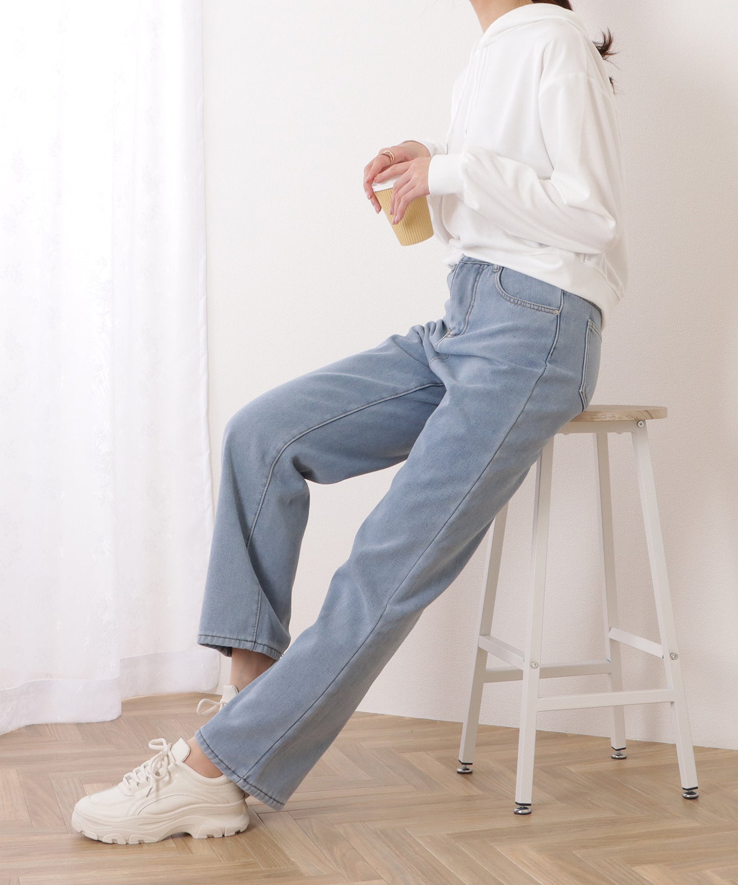 裏シャギーハイウエストボリュームデニムパンツ