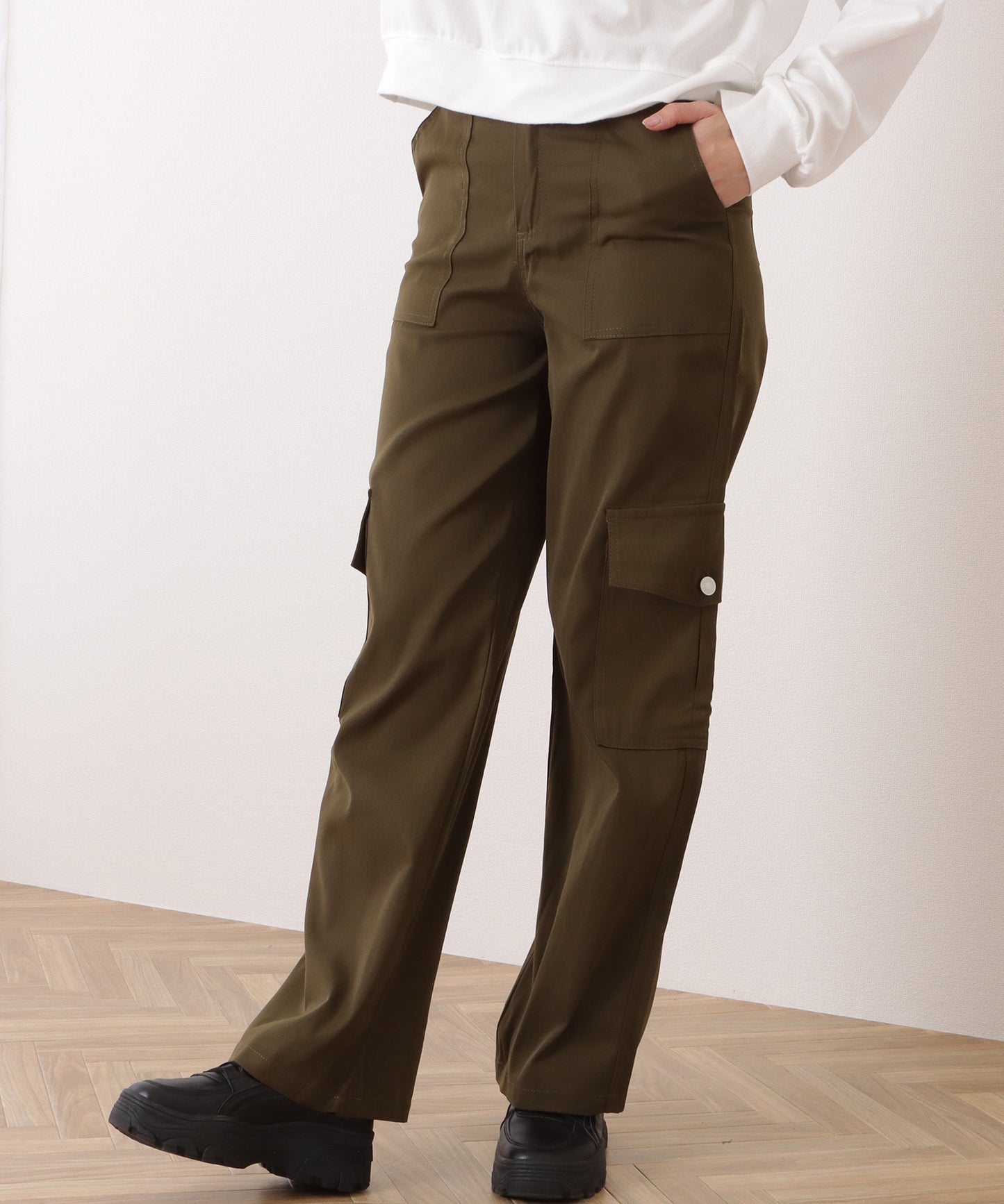 ハイウエスト ルーズ フィット ストレート カーゴ パンツ