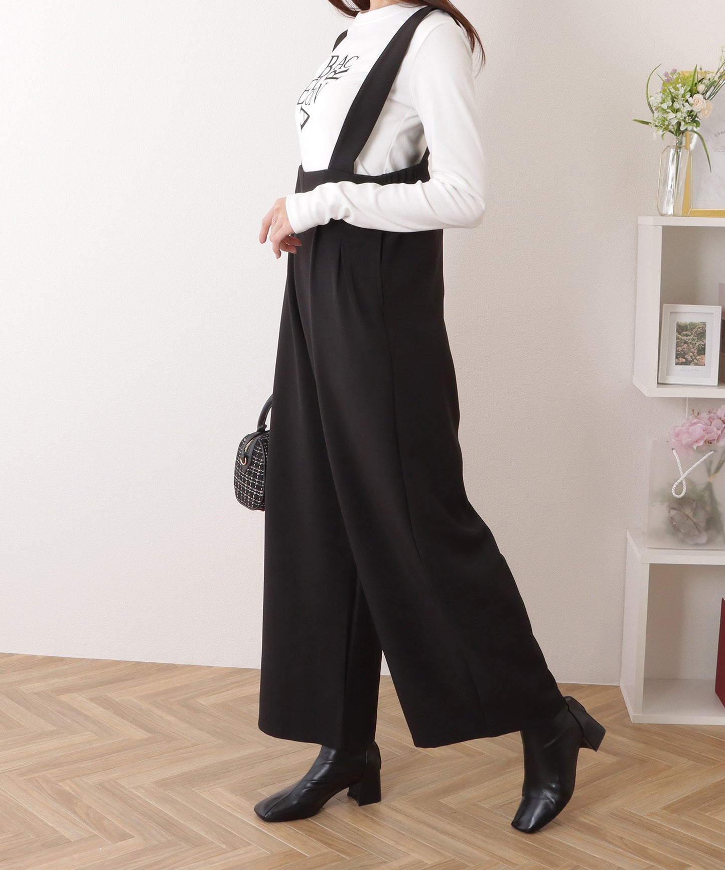 ハイウエスト タック入り ワイド サロペット パンツ