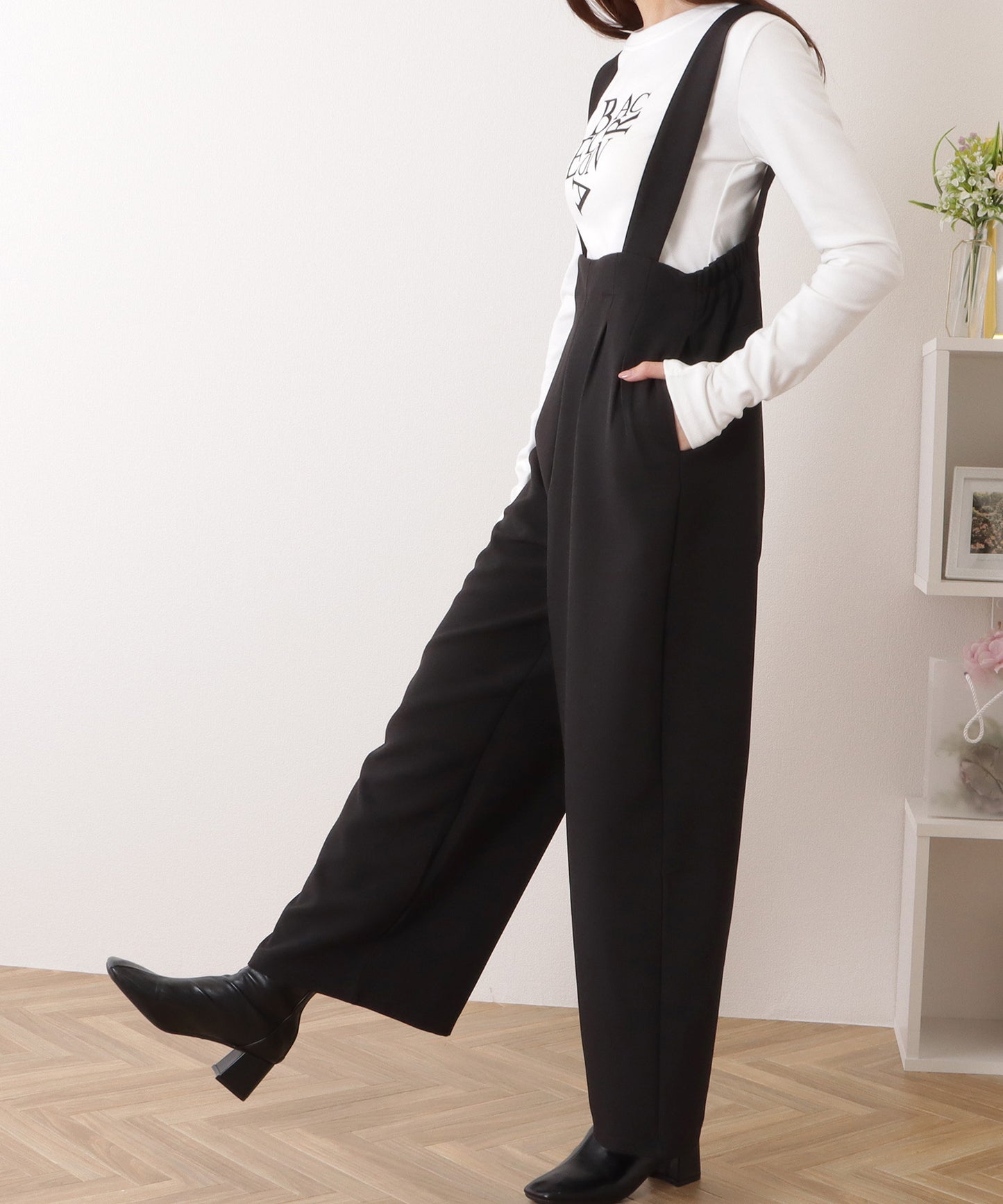 ハイウエスト タック入り ワイド サロペット パンツ