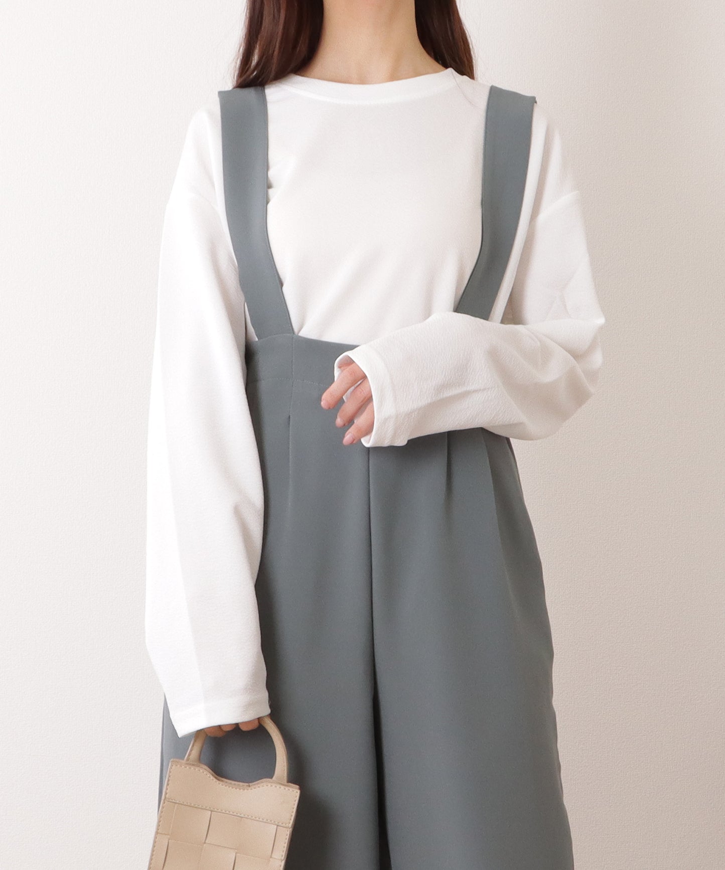 ハイウエスト タック入り ワイド サロペット パンツ