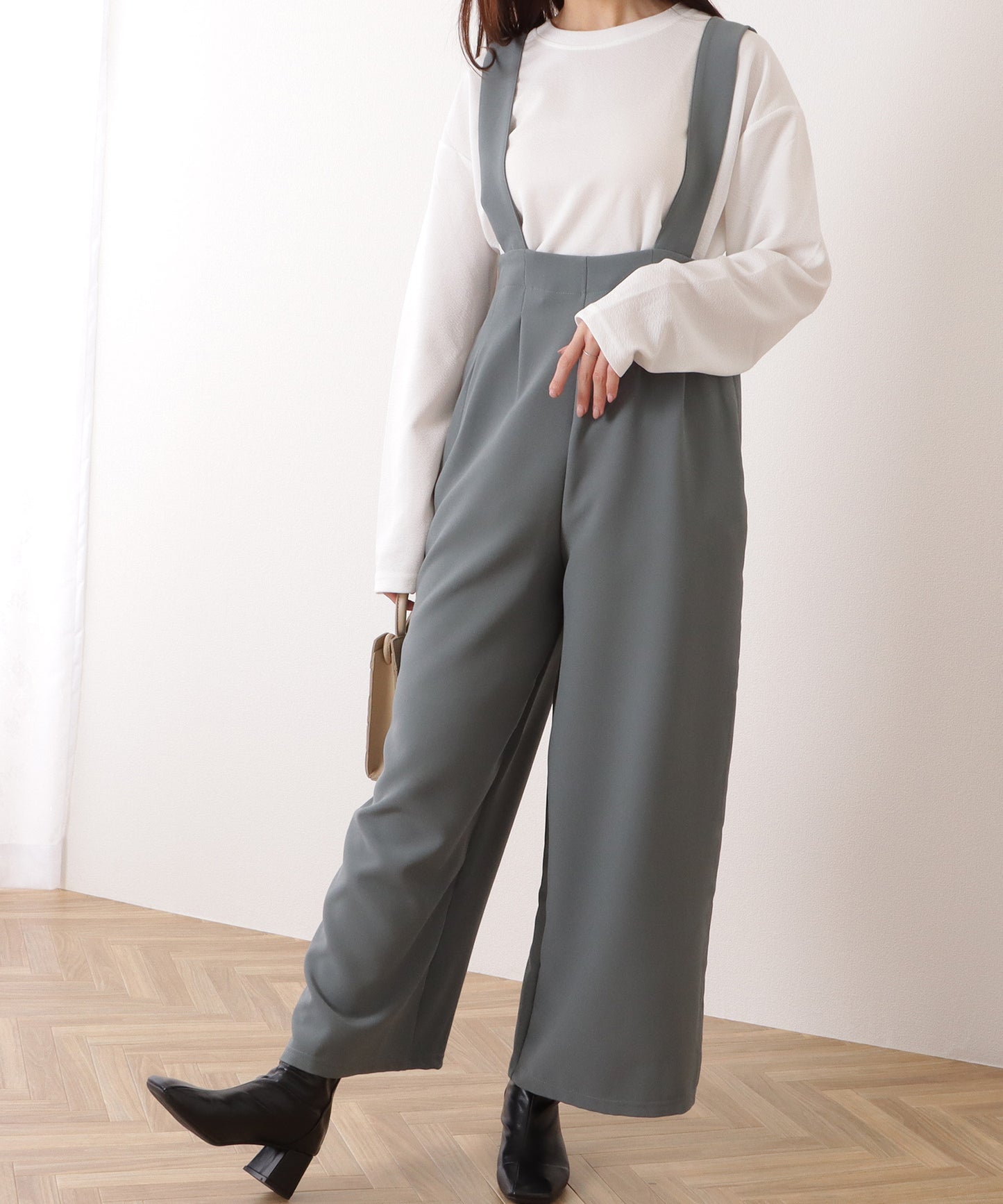 ハイウエスト タック入り ワイド サロペット パンツ