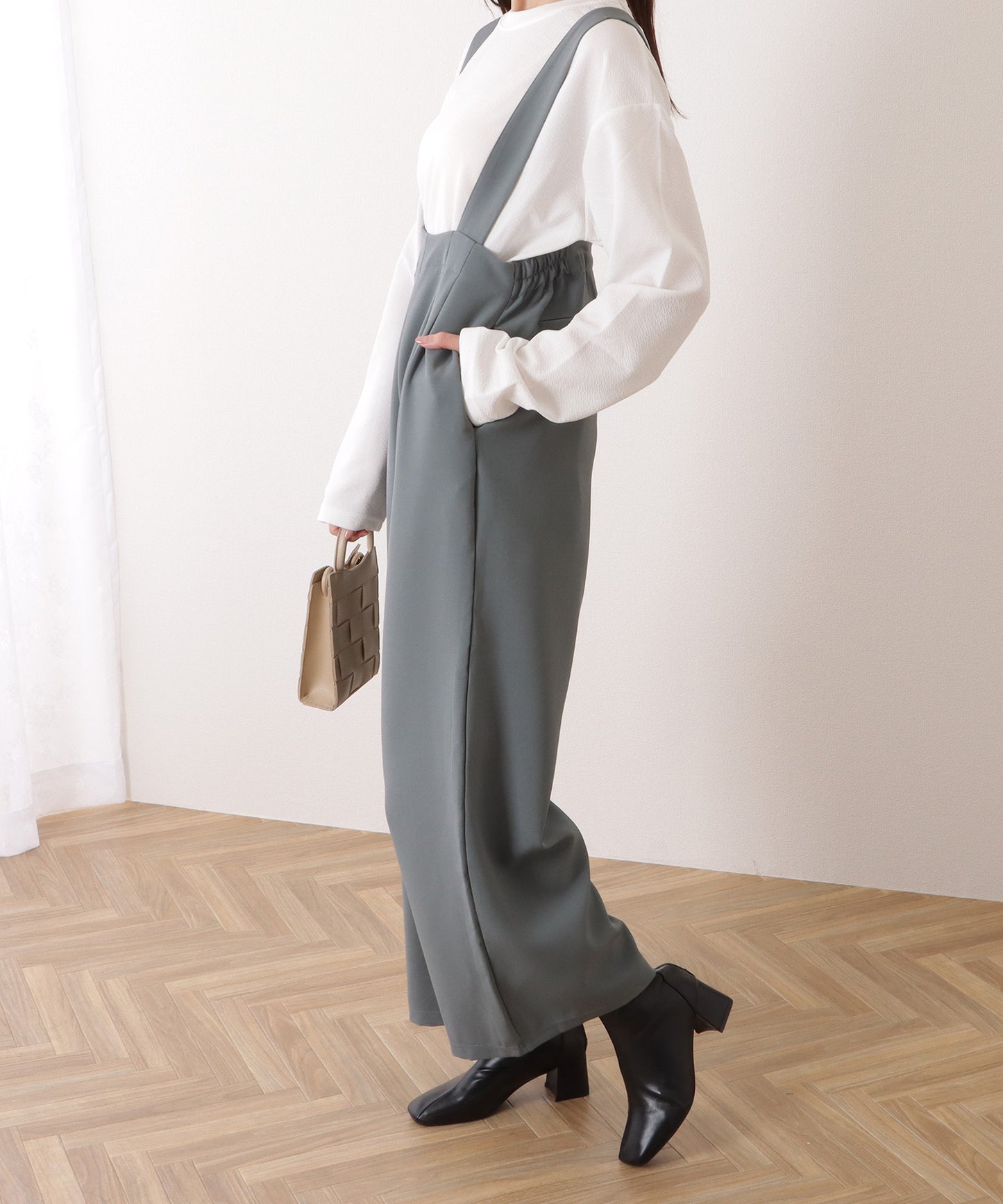 ハイウエスト タック入り ワイド サロペット パンツ