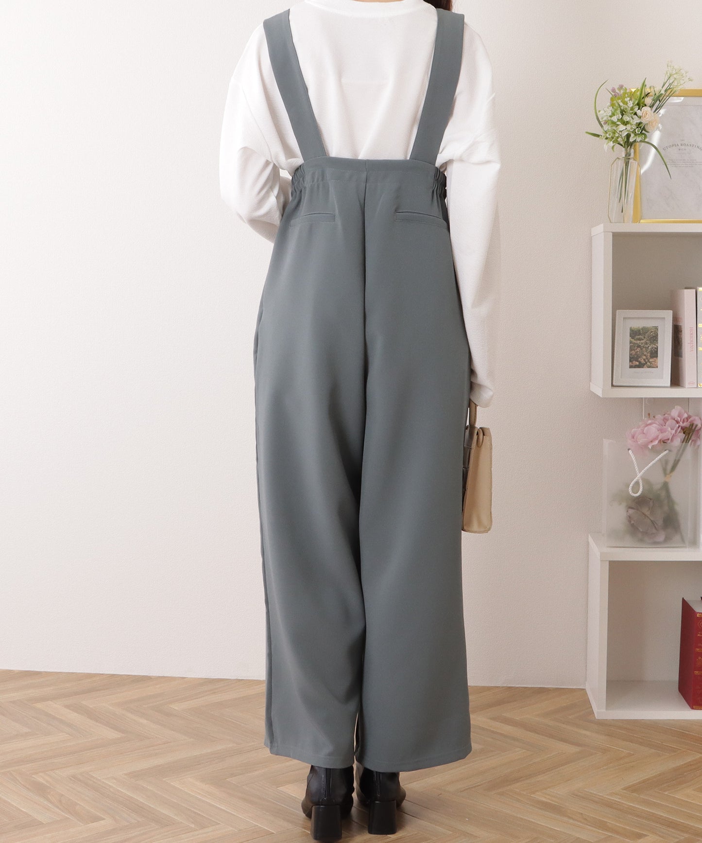 ハイウエスト タック入り ワイド サロペット パンツ
