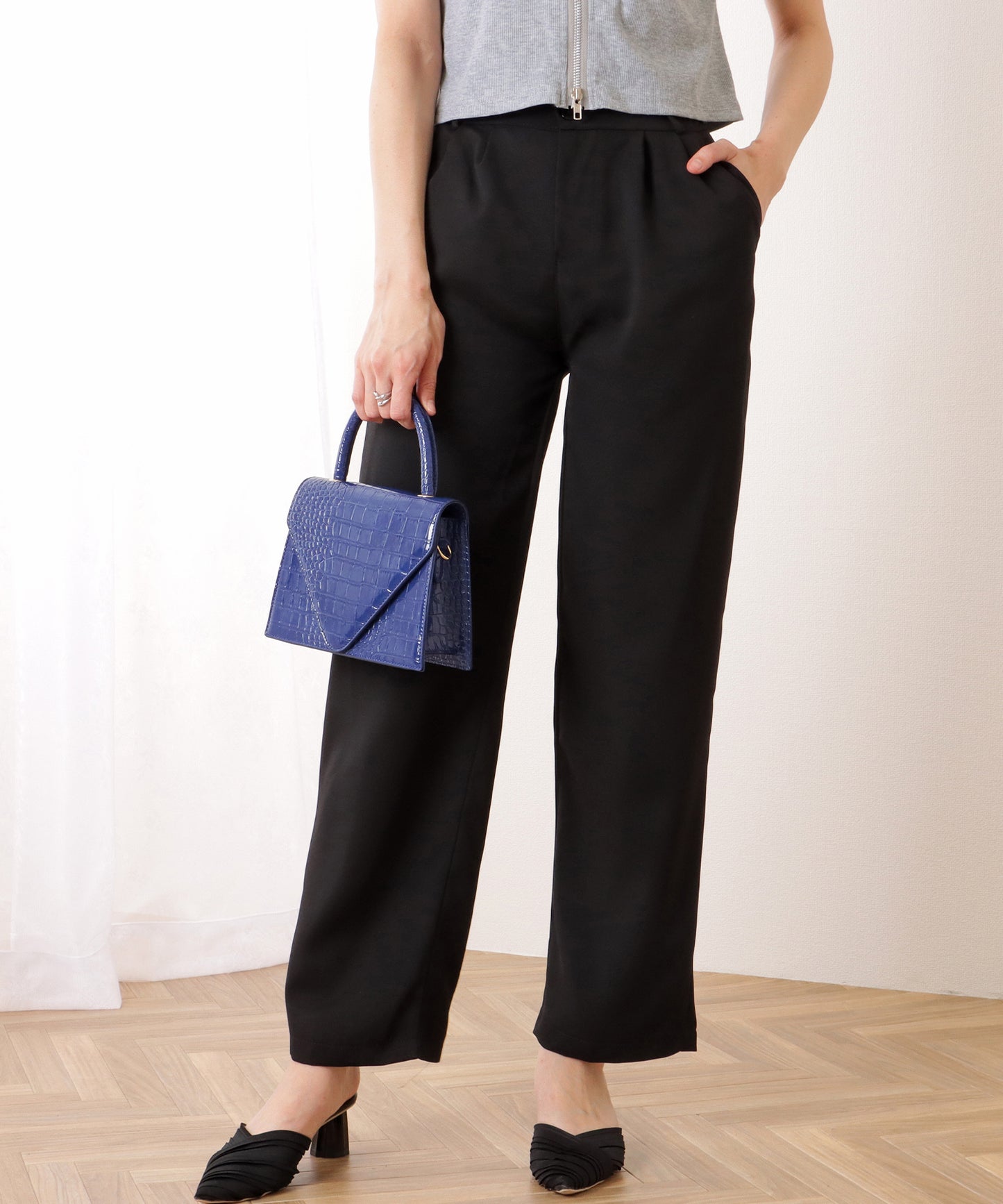 ダブルボタン ハイウエスト ストレート タックパンツ