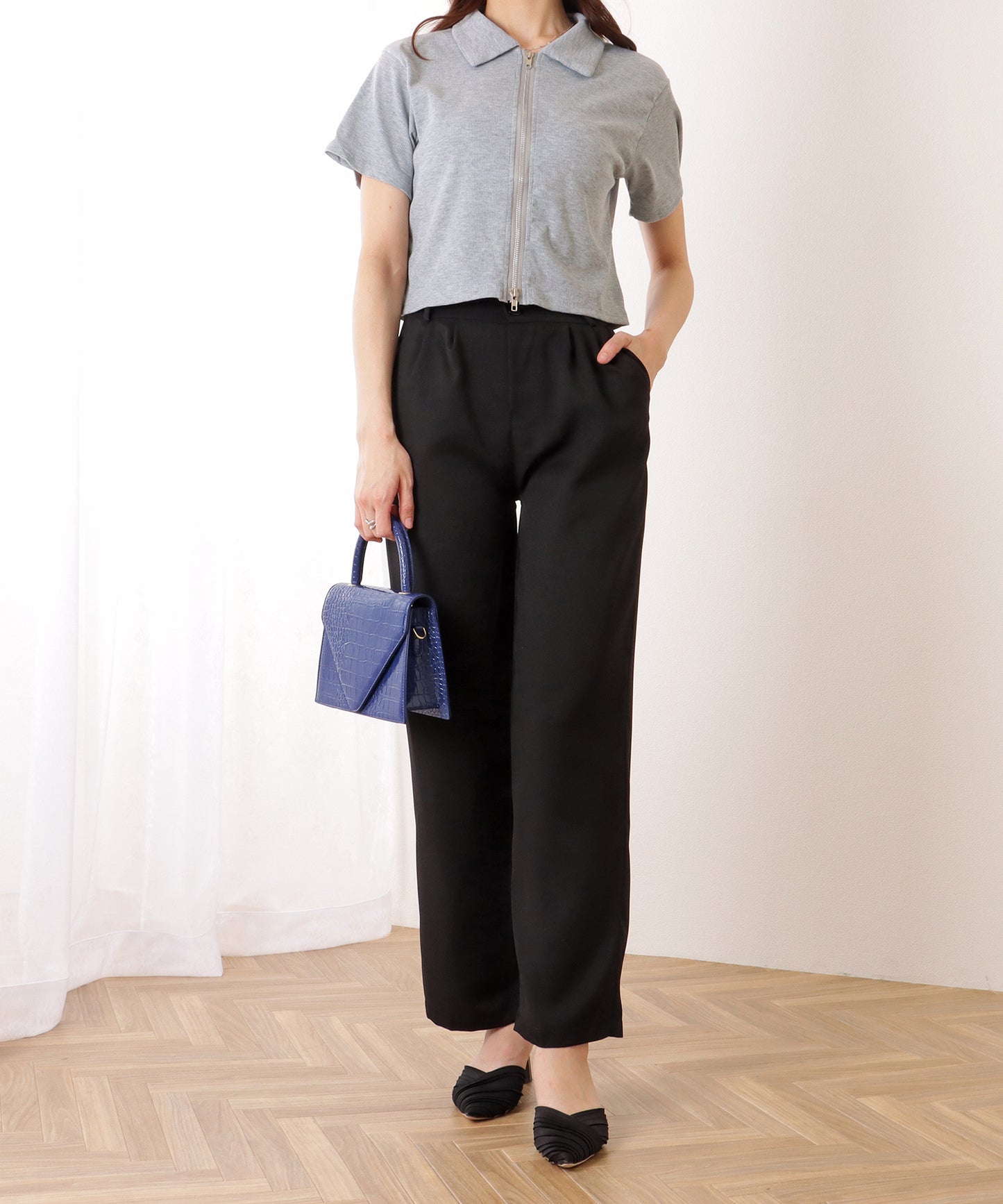 ダブルボタン ハイウエスト ストレート タックパンツ