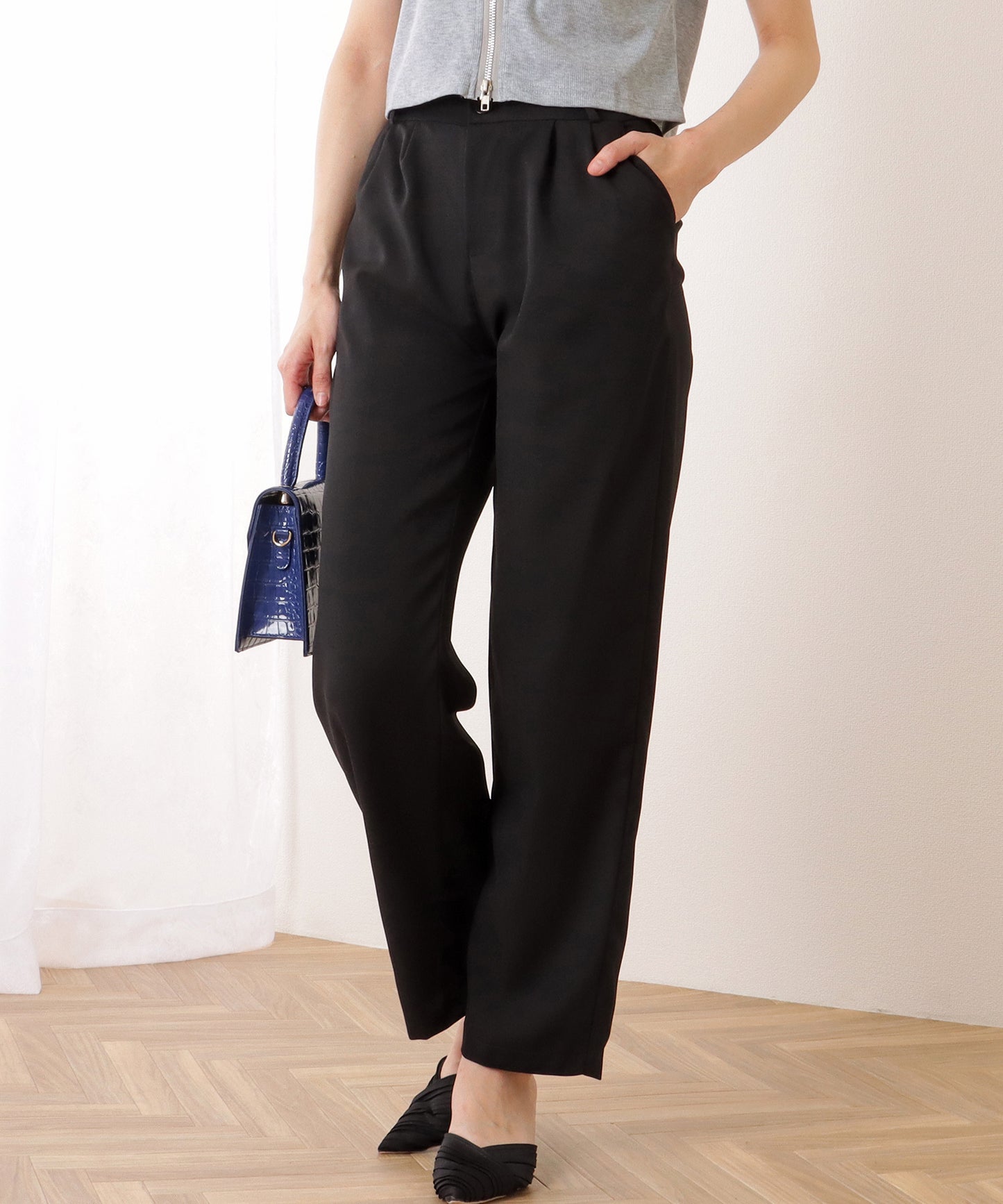ダブルボタン ハイウエスト ストレート タックパンツ