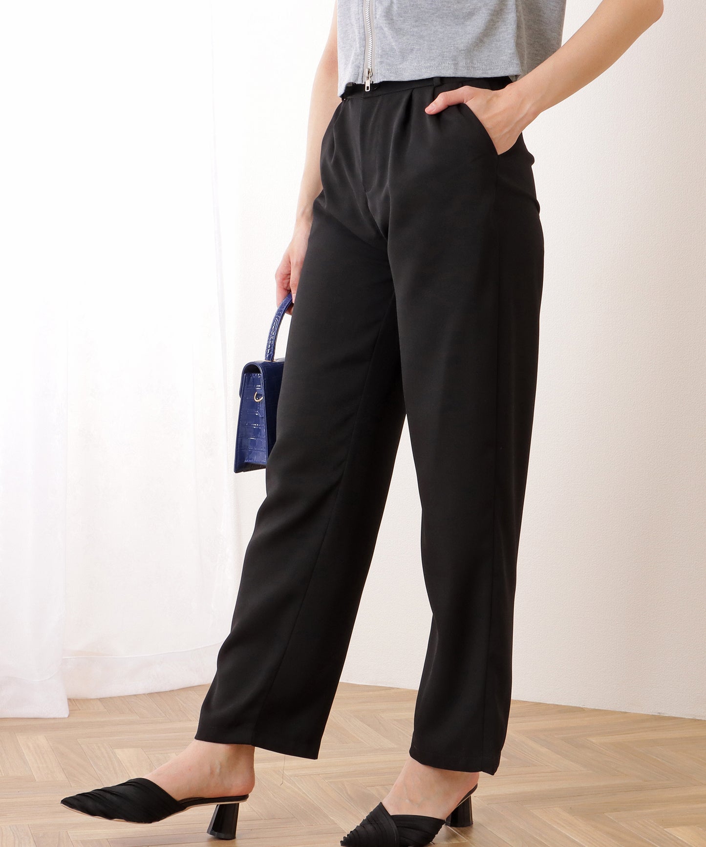 ダブルボタン ハイウエスト ストレート タックパンツ