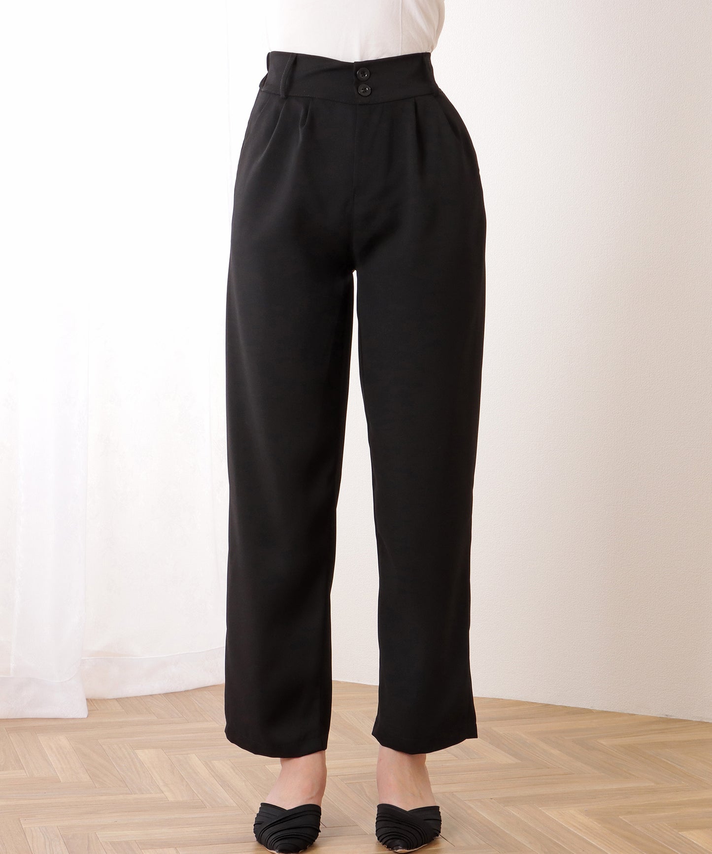 ダブルボタン ハイウエスト ストレート タックパンツ