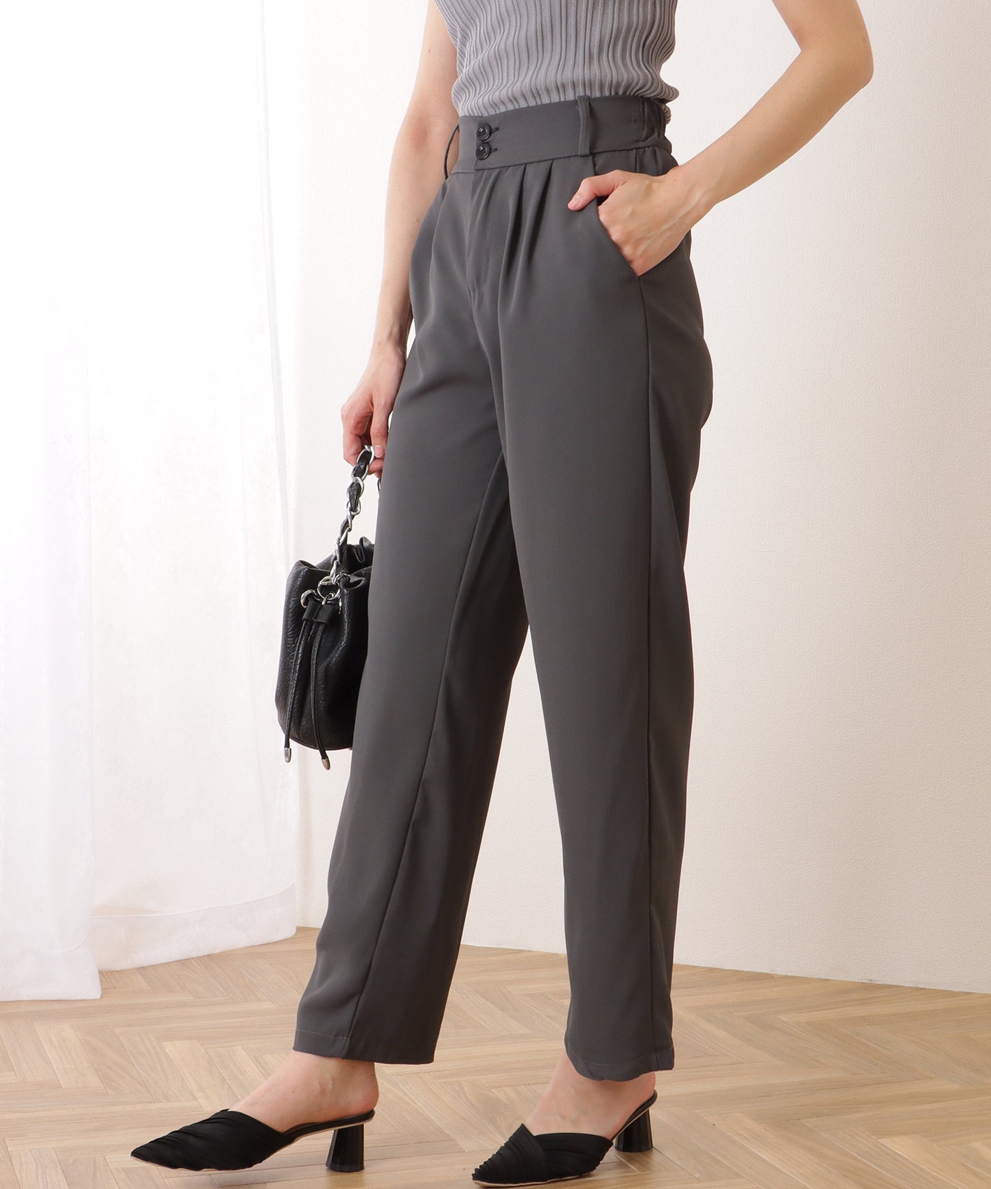 ダブルボタン ハイウエスト ストレート タックパンツ