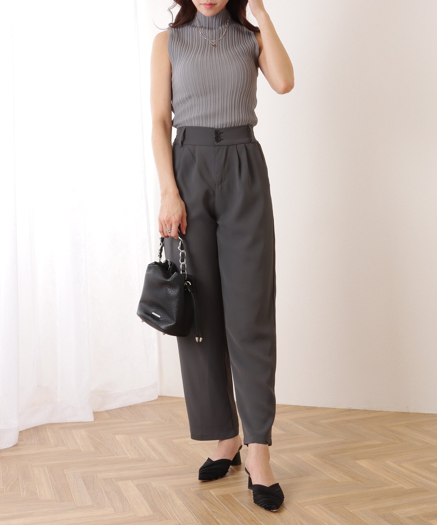 ダブルボタン ハイウエスト ストレート タックパンツ